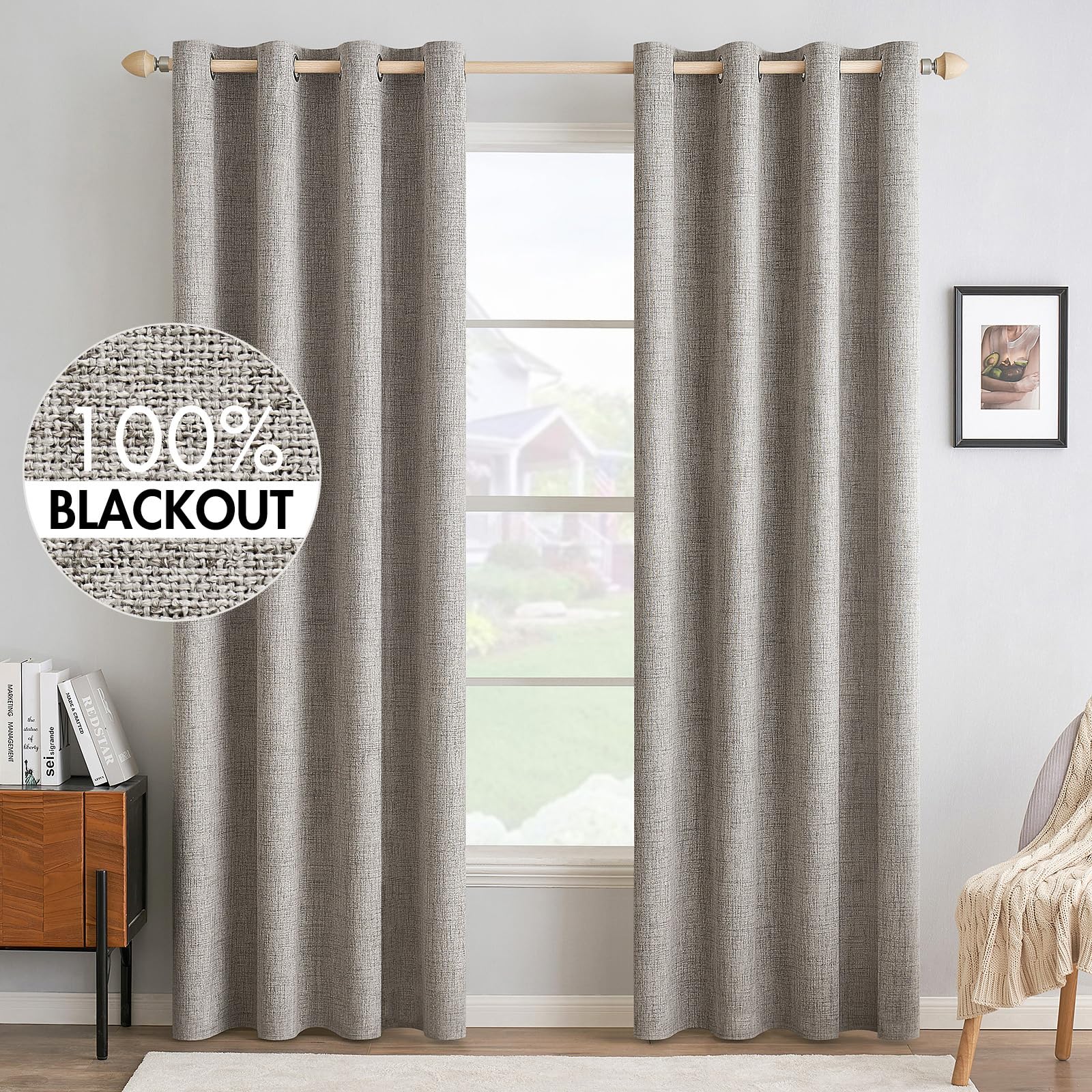 Miulee 100% Blackout Linen Textured Curtains For Bedroom Solid Thermal Insulated Warm Taupe Grommet Room Darkening Curtains & Drapes Luxury Decor For Living Room Nursery 52 X 72 Inch (2 Panels)