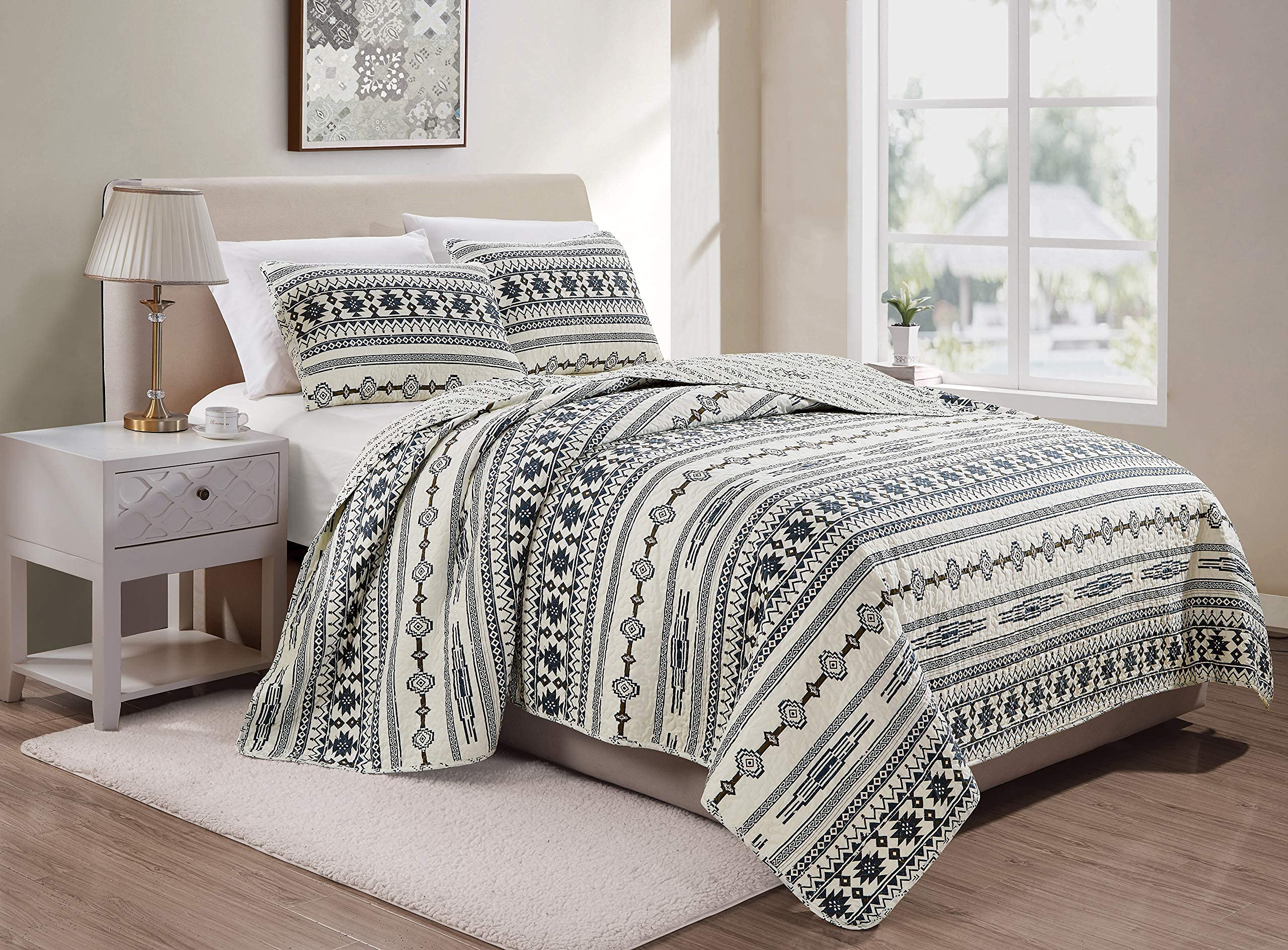 Chezmoi Collection Colby 3-Piece Western Quilt Set - Geometric Tribal Ivory Navy Brown Red Printed Pre-Washed Reversible Microfi