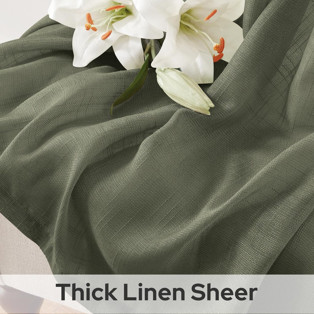Homeideas Olive Green Linen Sheer Curtains 63 Inches Long 2 Panels Textured Semi Sheer Curtains Farmhouse Curtains Sheer Privacy