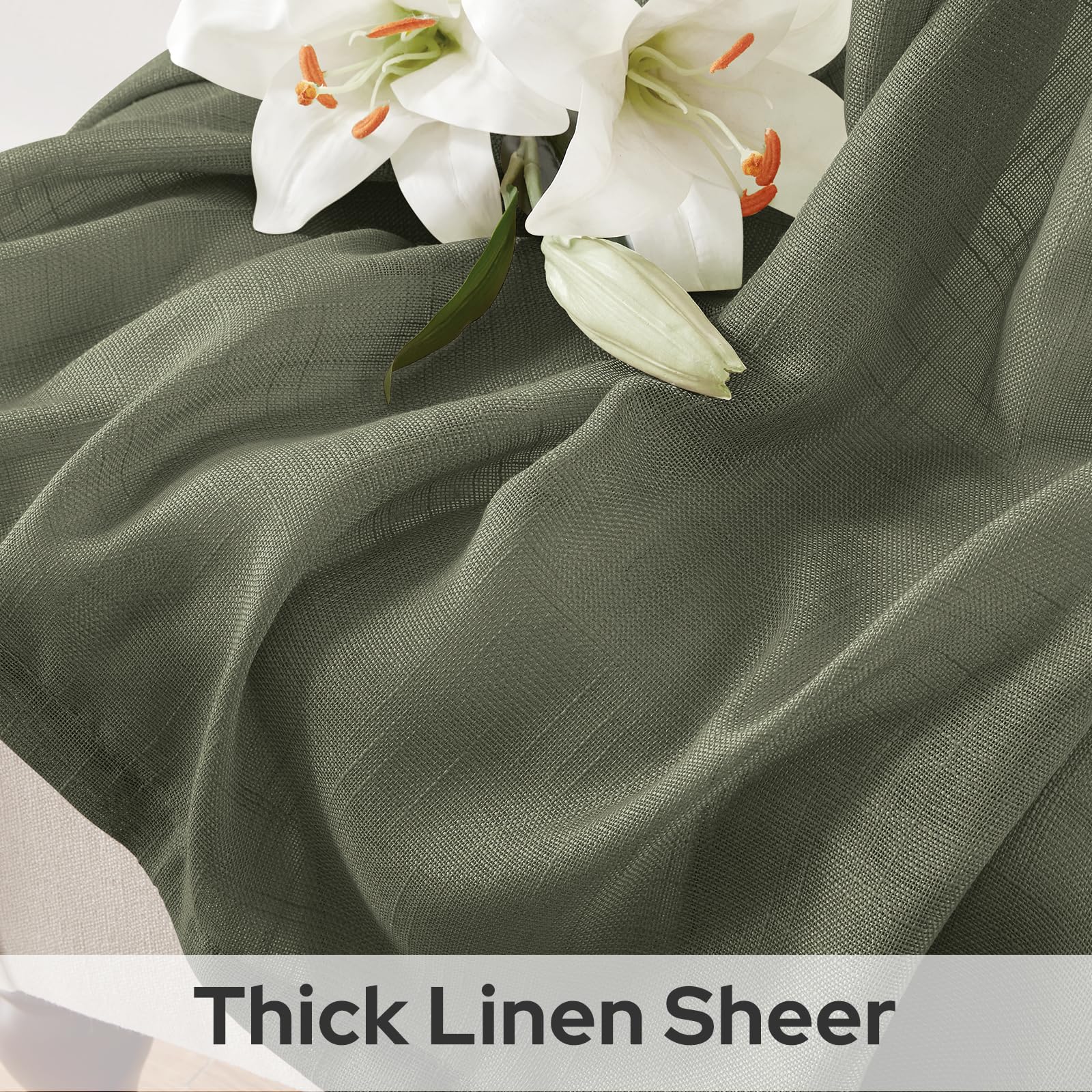 Homeideas Olive Green Linen Sheer Curtains 96 Inches Long 2 Panels Textured Semi Sheer Curtains Farmhouse Curtains Sheer Privacy