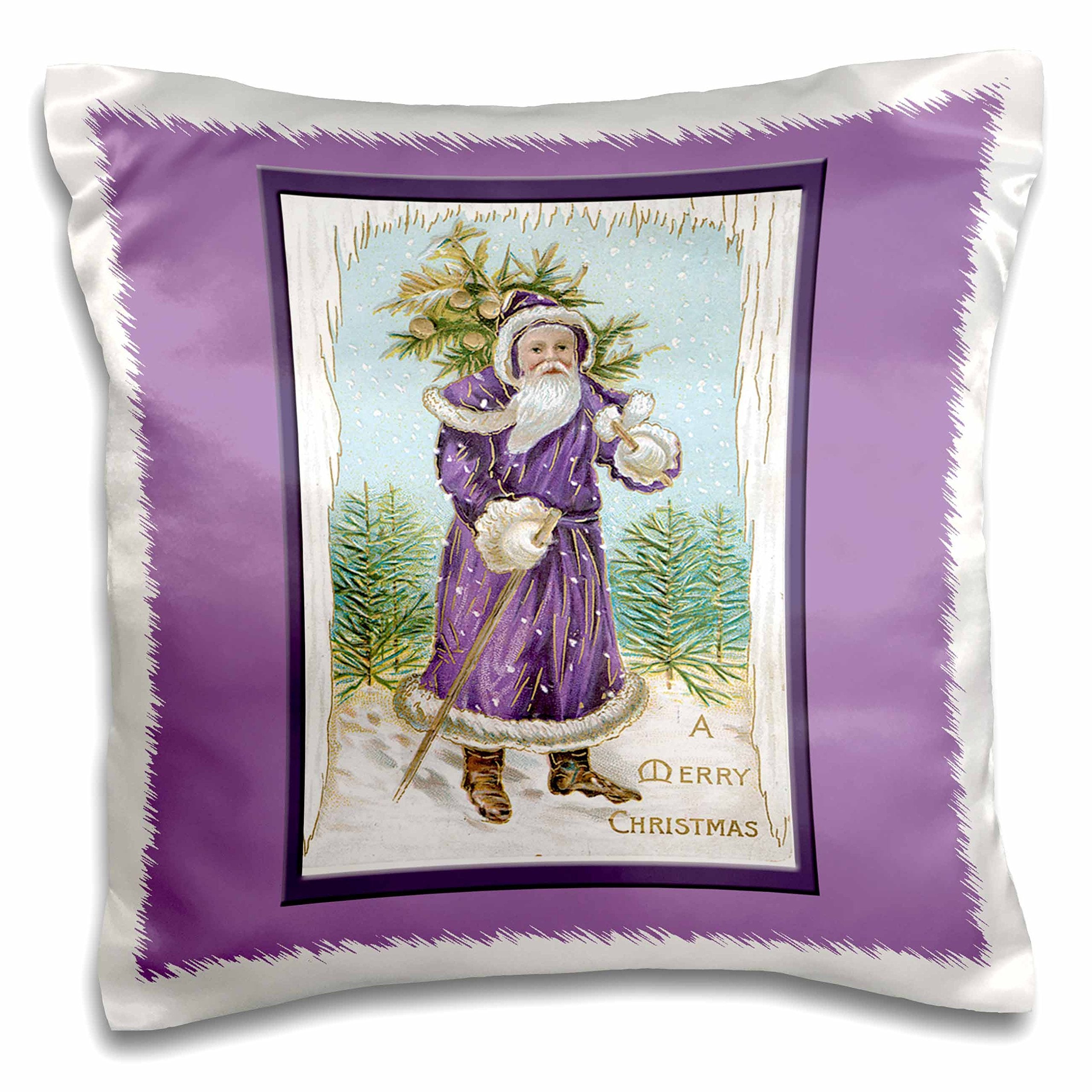 3dRose pc_153208_1 Vintage Christmas Card with Santa Clause in Purple Framed in Purple on A Lavender Background Pillow Case, 16 