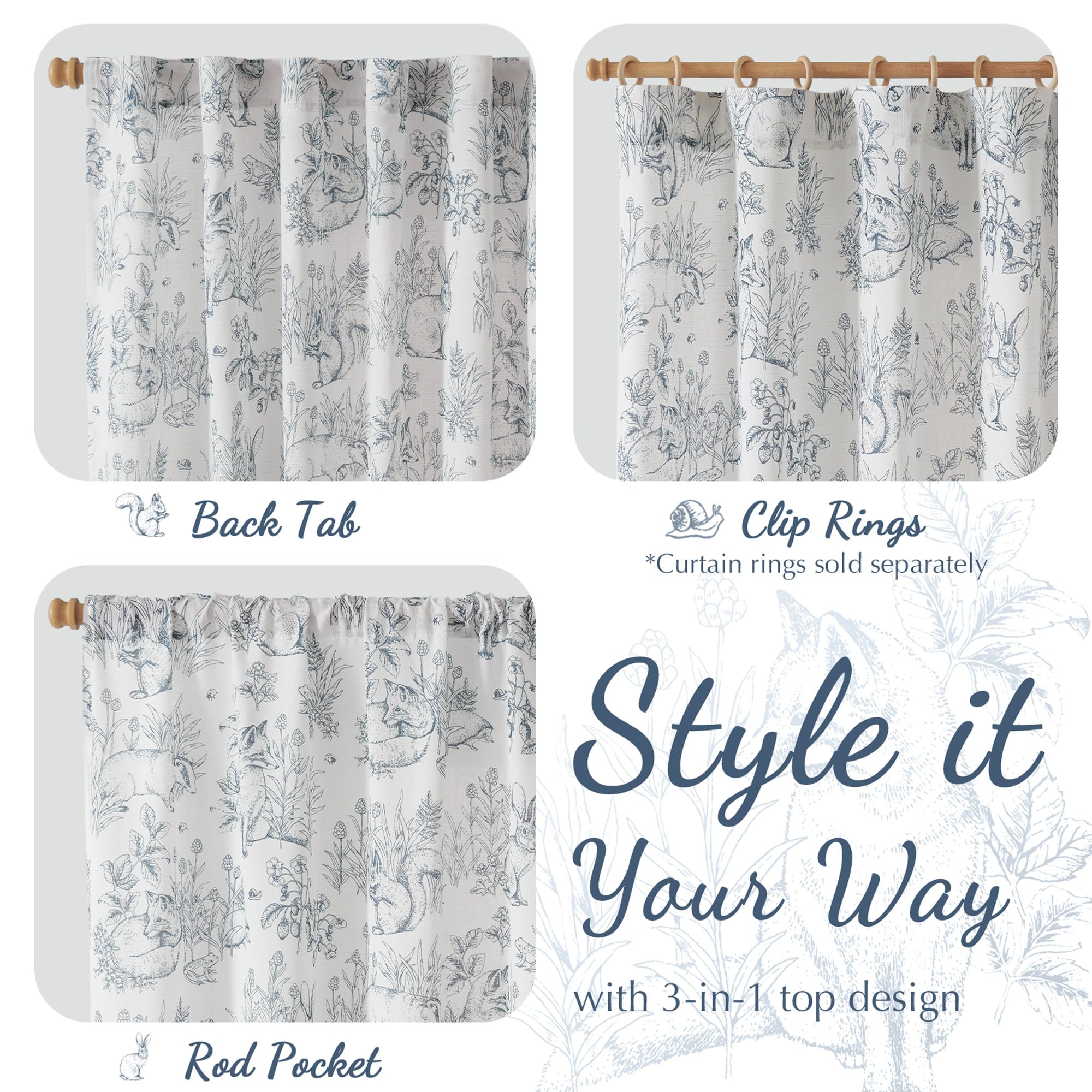 Jinchan Linen Curtains For Bedroom 63 Inch Length Farmhouse Easter Blue Curtains French Country Toile Curtains Animal Printed Dr