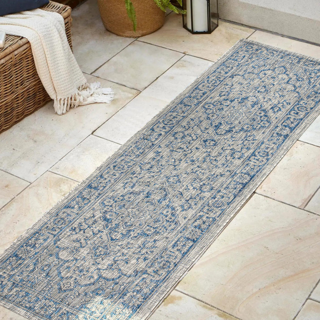 Jonathan Y Smb102B-28 Rozetta Boho Medallion Textured Weave Indoor Outdoor -Area Rug Coastal Bohemian Rustic Glam Easy-Cleaning Bedroom Kitchen Backyard Patio Non Shedding, 2 X 8, Gray/Navy