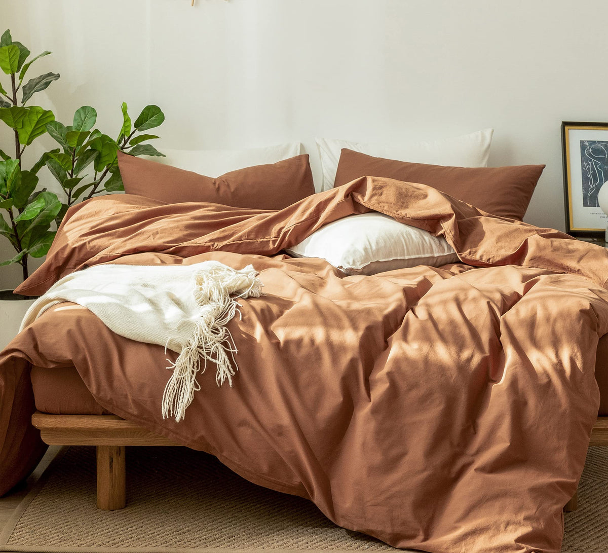 Moomee Bedding Duvet Cover Set 100% Washed Cotton Linen Like Textured Breathable Durable Soft Comfy (Dark Orange, Queen)