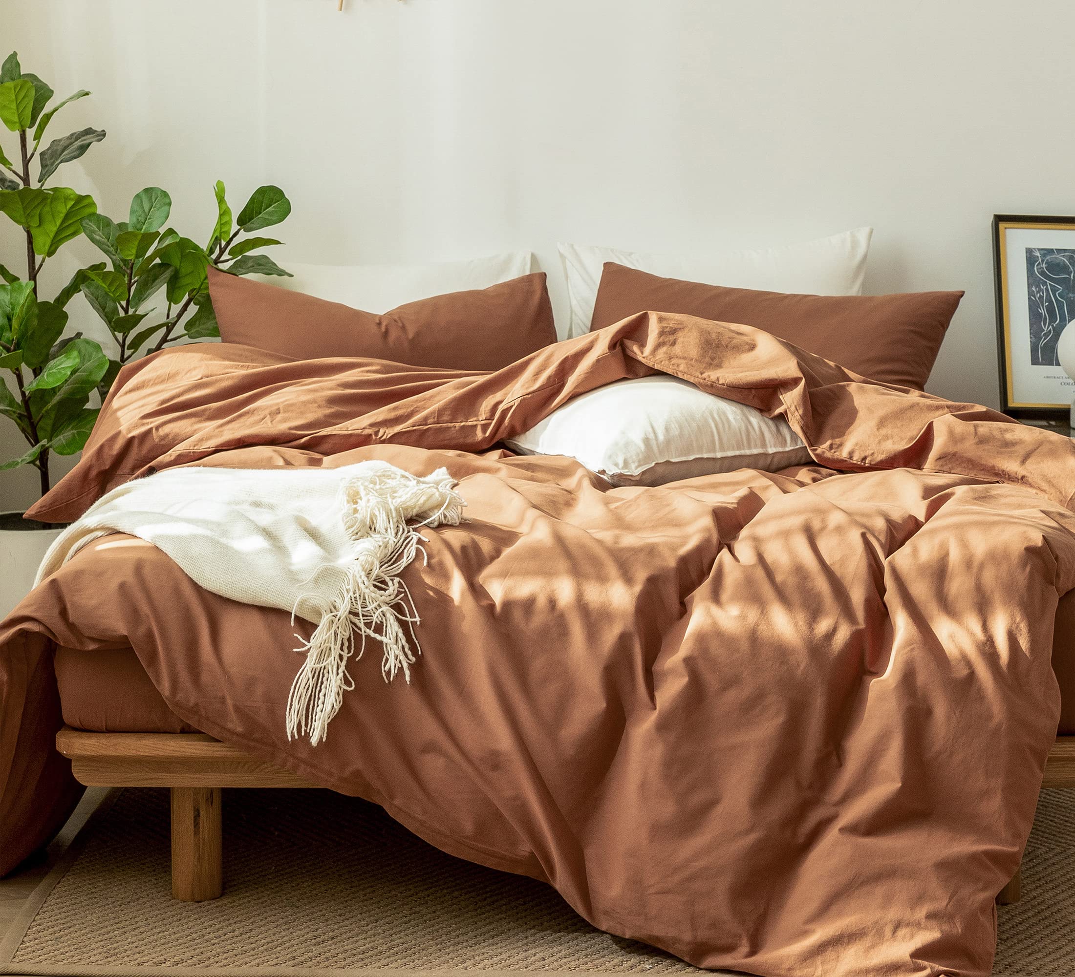 Moomee Bedding Duvet Cover Set 100% Washed Cotton Linen Like Textured Breathable Durable Soft Comfy (Dark Orange, Queen)
