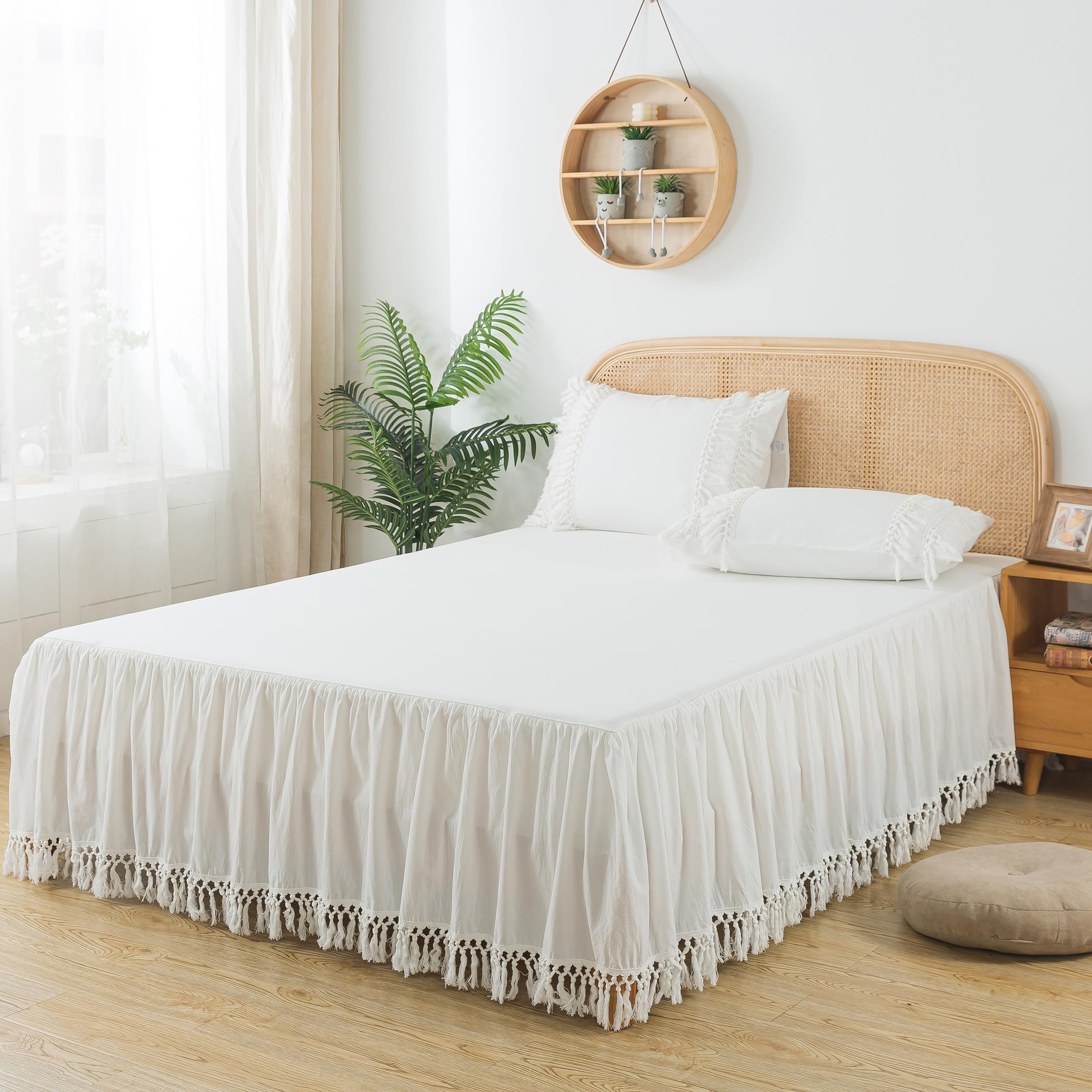 Softta 3Pc Bed Skirt King White Ruffle Tassel Boho Bedding Bohemian Girls 100% Washed Cotton