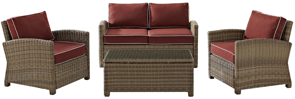 Crosley Furniture Bradenton 4-Piece Outdoor Loveseat Patio Furniture Set, Wicker Conversation Sets for Porch, Brown with Sangria Cushions