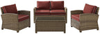 Crosley Furniture Bradenton 4-Piece Outdoor Loveseat Patio Furniture Set, Wicker Conversation Sets for Porch, Brown with Sangria Cushions