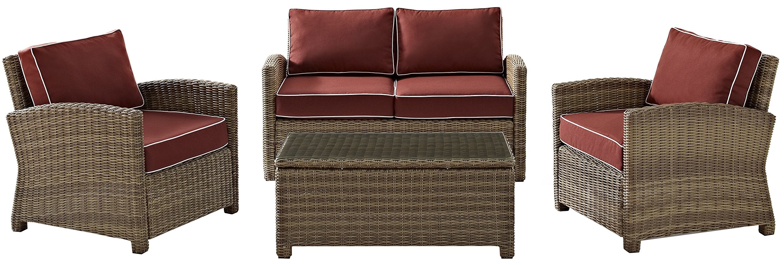 Crosley Furniture Bradenton 4-Piece Outdoor Loveseat Patio Furniture Set, Wicker Conversation Sets for Porch, Brown with Sangria Cushions