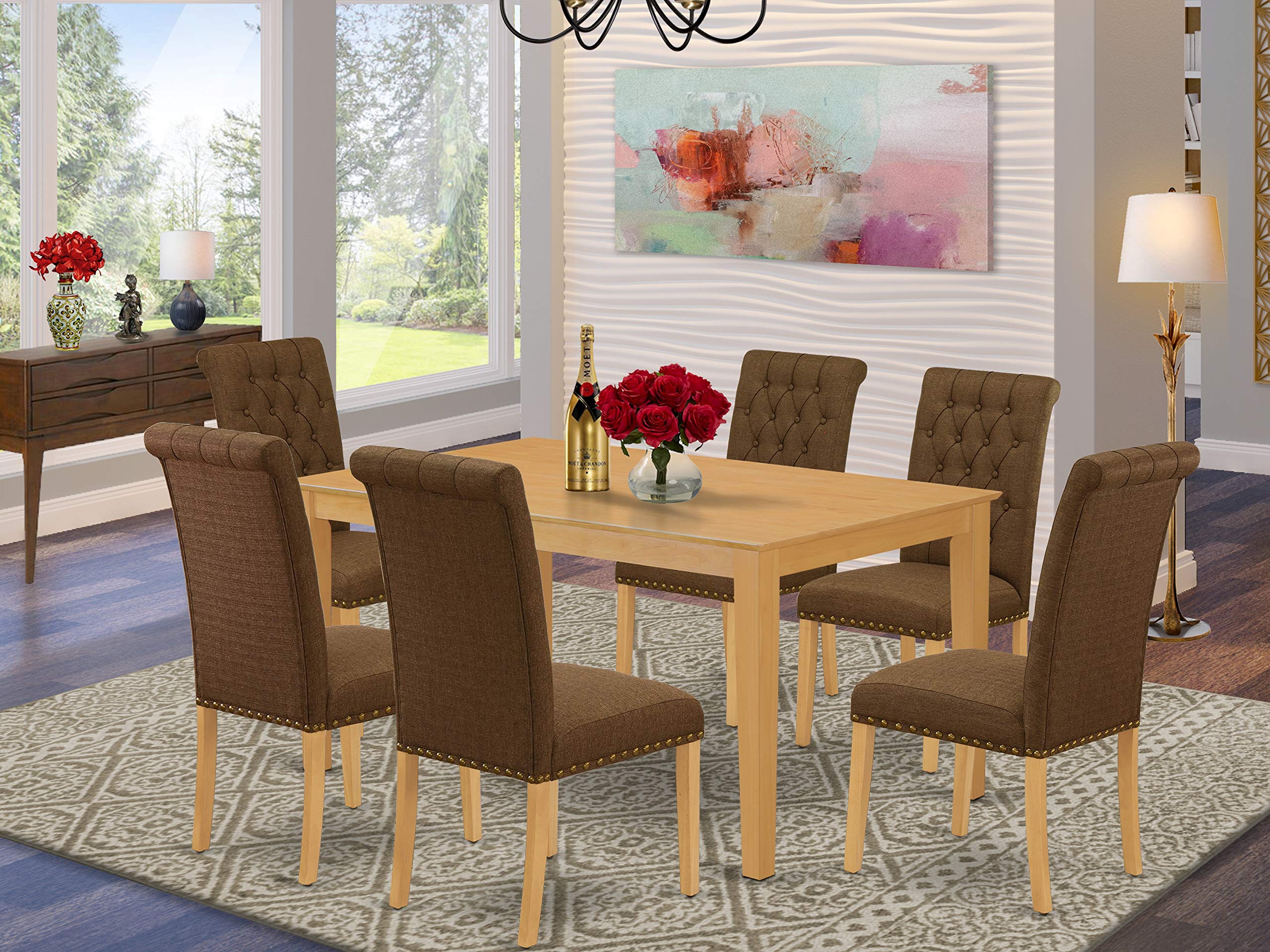 East West Furniture Cabr7-Oak-18 Capri 7 Piece Room Set Consist Of A Rectangle Kitchen Table And 6 Brown Linen Fabric Parson Dining Chairs, 36X60 Inch, Oak