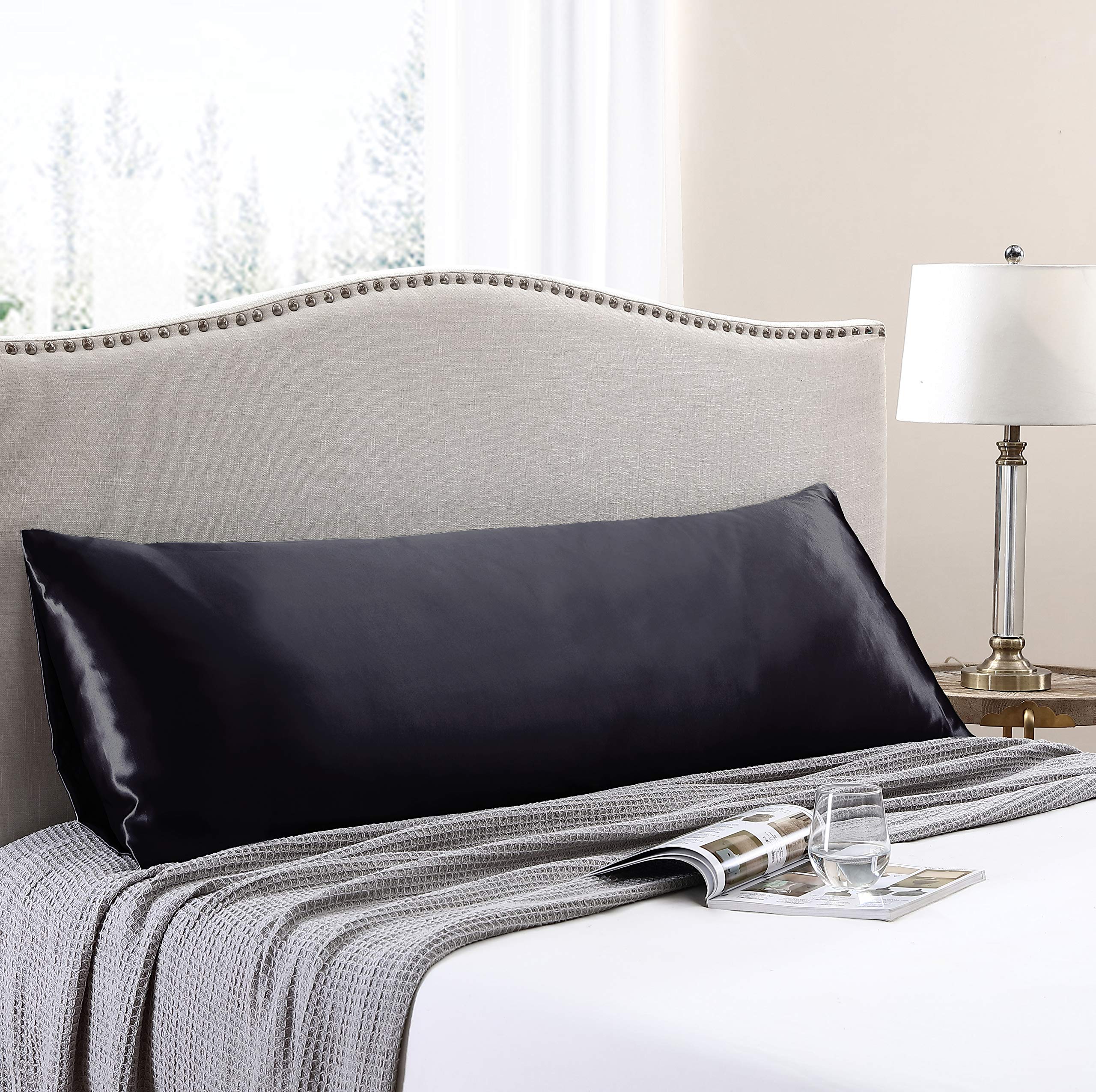 Love'S Cabin Body Pillow Cover, 20X54 Inches Black Soft Satin Body Pillow Case With Envelope Closure, Silky Slip Cooling Body Pi