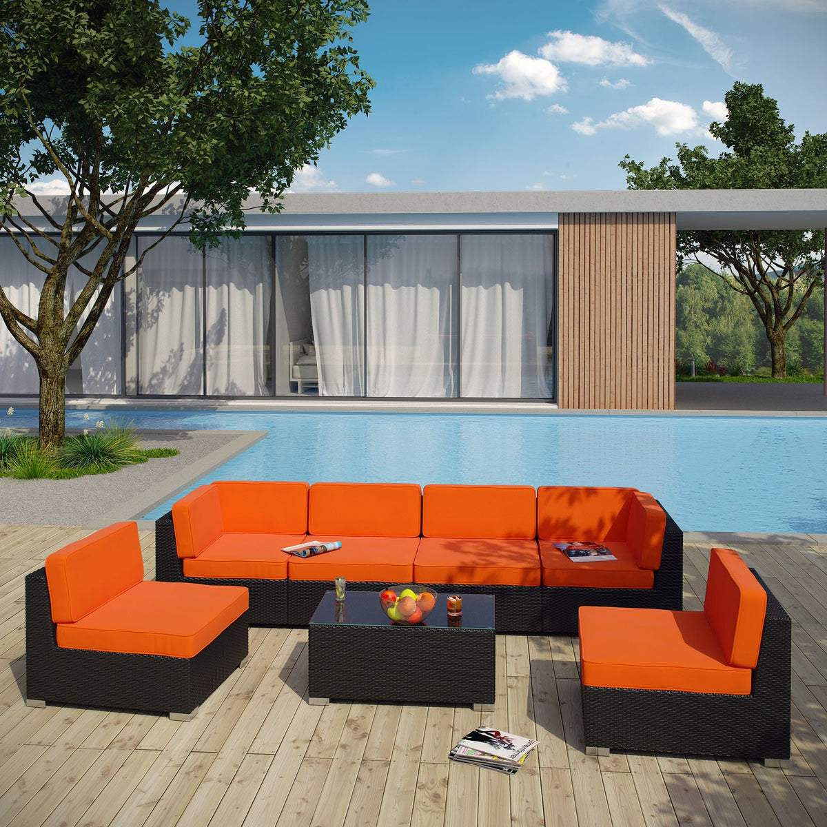 Lexmod Aero Outdoor Wicker Patio 7-Piece Sectional Sofa Set In Espresso With Orange Cushions