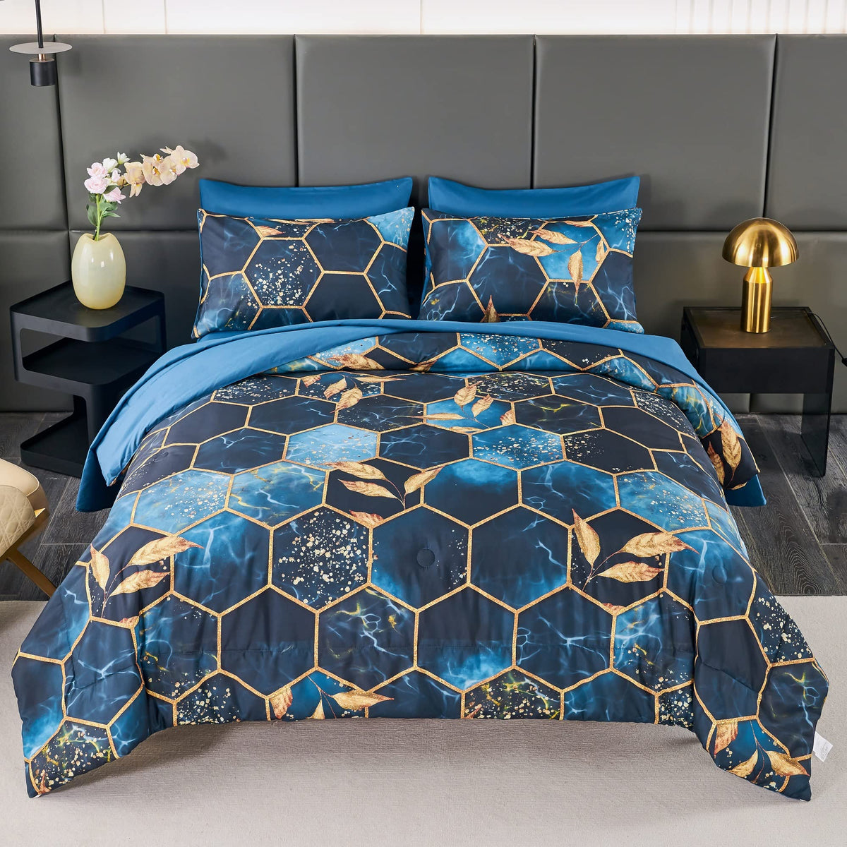 Angiyuin 7 Pieces Blue Gold Marble King Comforter Set, 3D Geometric Hexagon King Size Bedding Sets, Modern Blue Foil Print Bed S