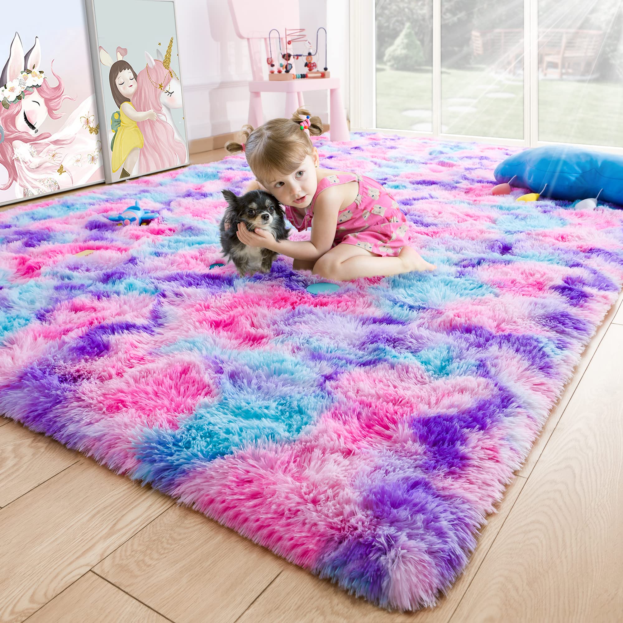 Noahas 4x6 Kids Rugs for Bedroom Girls,Fluffy Rainbow Rug,Pink and Purple Carpet,Fluffy Bedroom Rug,Shaggy Princess Rug,Kawaii C