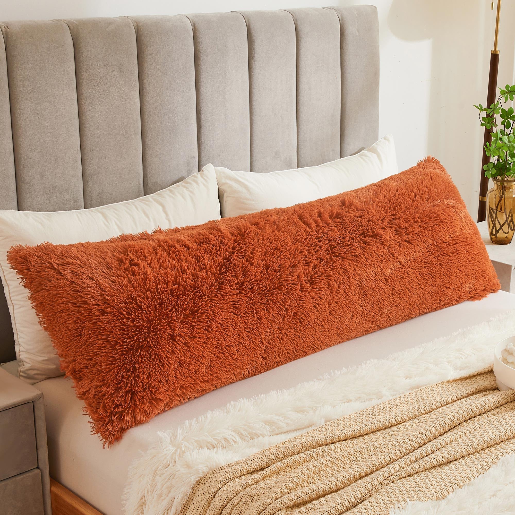 Liferevo Burnt Orange Fluffy Body Pillow Cover,Ultra Soft Faux Fur Body Pillow Case 20'X54',Furry Bed Pillow Pillowcase, Terra