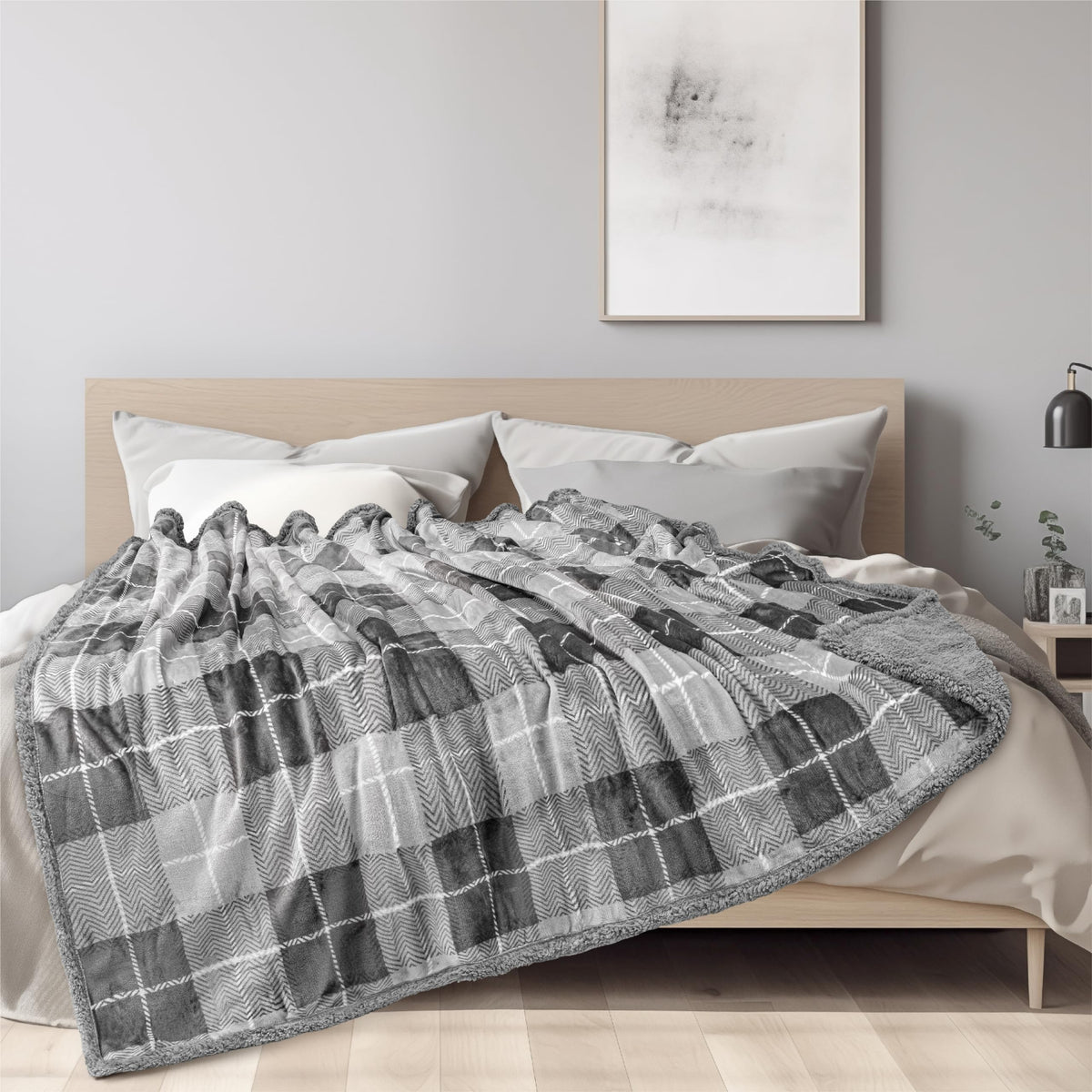 Pavilia Light Grey Plaid Sherpa Throw Blanket For Couch Twin, Soft Plush Flannel Blanket & Throws For Bed Sofa, Warm Cozy Winter