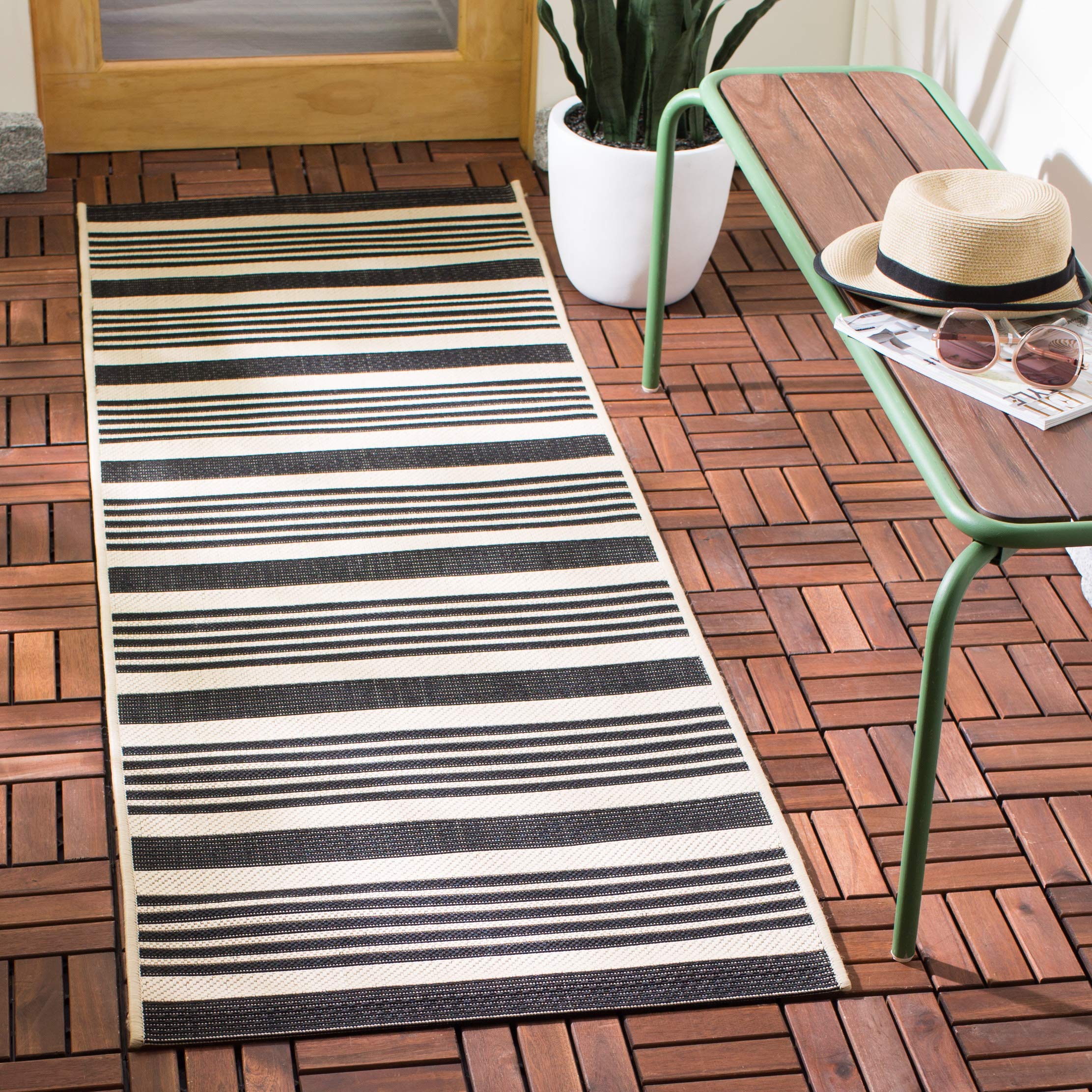 Safavieh Courtyard Collection 2'3'' X 22' Black/Bone Cy6062 Stripe Indoor/ Outside Waterproof Easy Cleansingpatio Backyard Mudro