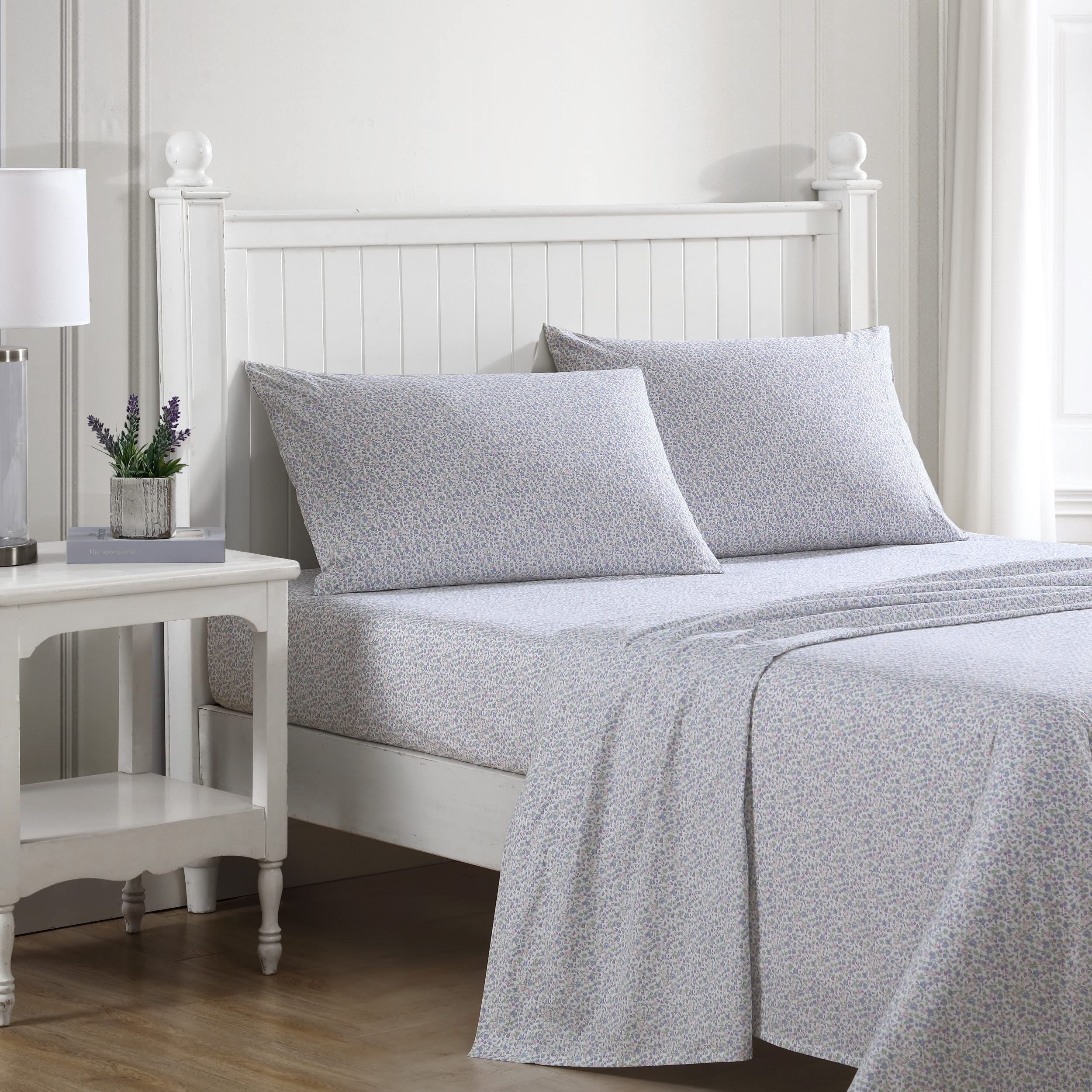 Laura Ashley - Twin Xl Sheets, Cotton Percale Bedding Set, Crisp & Cool Home Decor (Emogene Purple, Twin Xl)