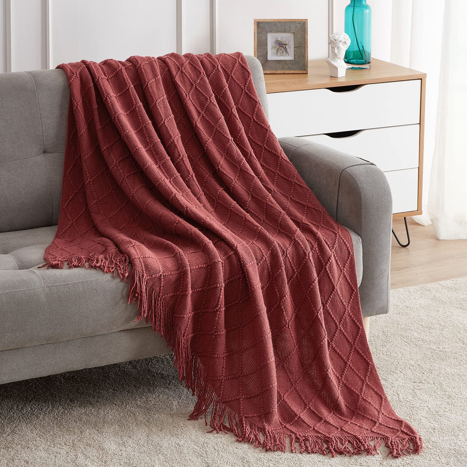 Bourina Throw Blanket Textured Solid Soft Sofa Throw Couch Cover Knitted Decorative Blanket, 50''X60'' Burgundy