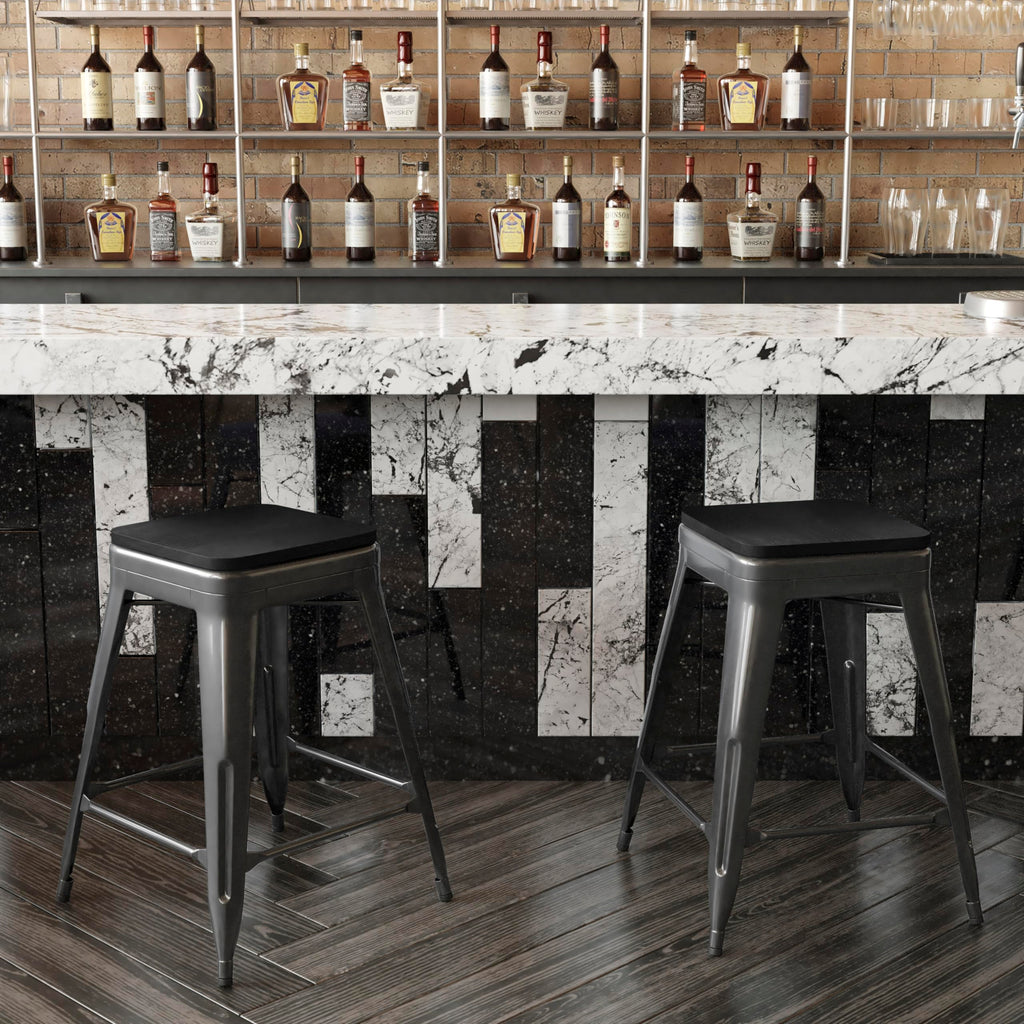 Flash Furniture Kai Commercial Grade Indoor-Outdoor Counter Height Stool - Black Metal Frame - Black Poly Resin Seat - 24' High - Backless