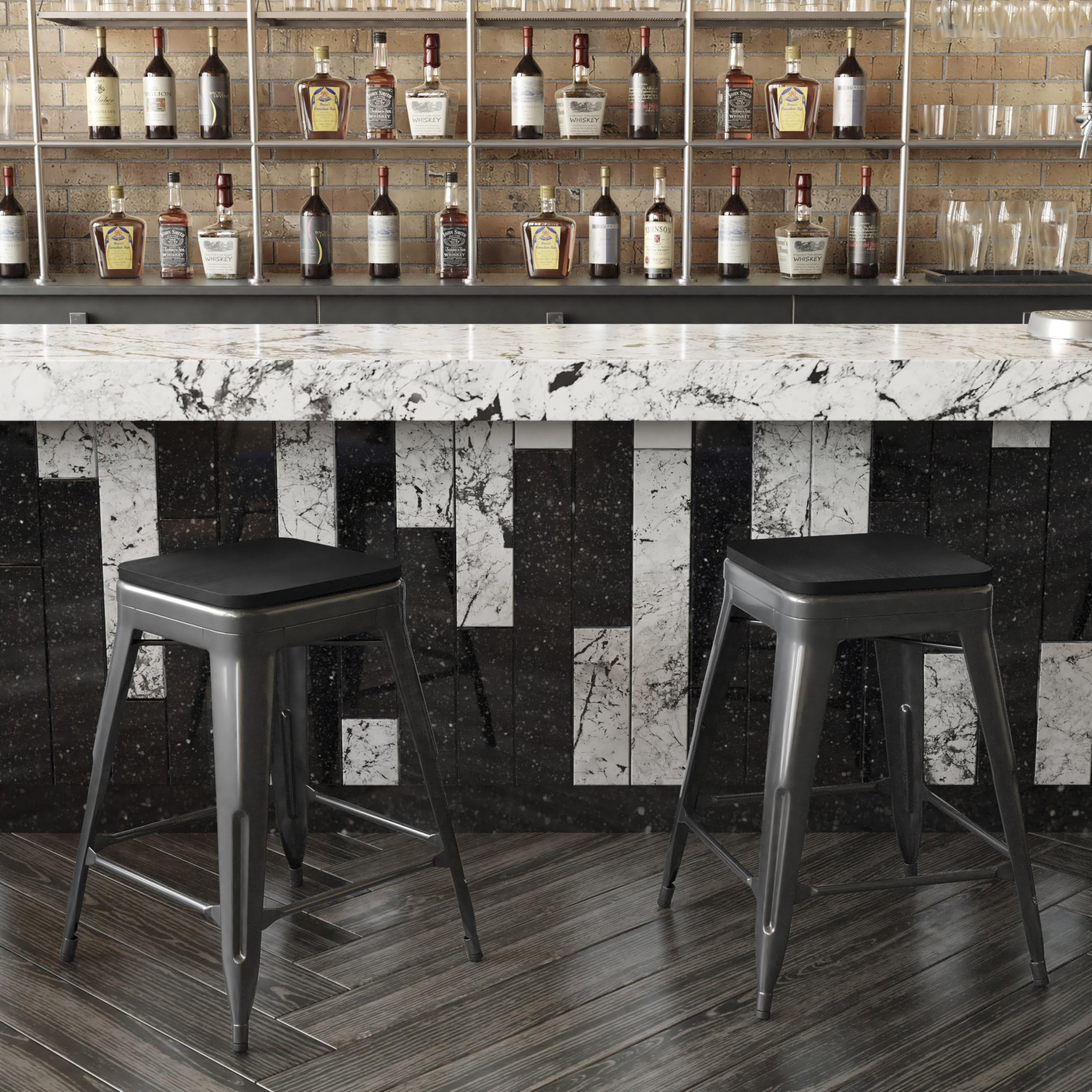 Flash Furniture Kai Commercial Grade Indoor-Outdoor Counter Height Stool - Black Metal Frame - Black Poly Resin Seat - 24' High - Backless