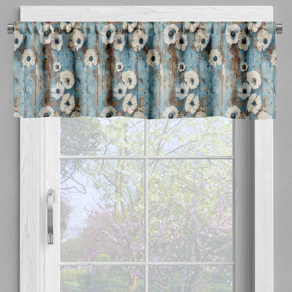 Ambesonne Poppy Window Valance Pack Of 2, Vintage Farmhouse Concept Beige Tone Petals Floral On Rustic Backdrop, Rod Pocket Curtain Valances For Kitchen Bedroom, 54' X 12', Coconut Pale Blue And Dusk