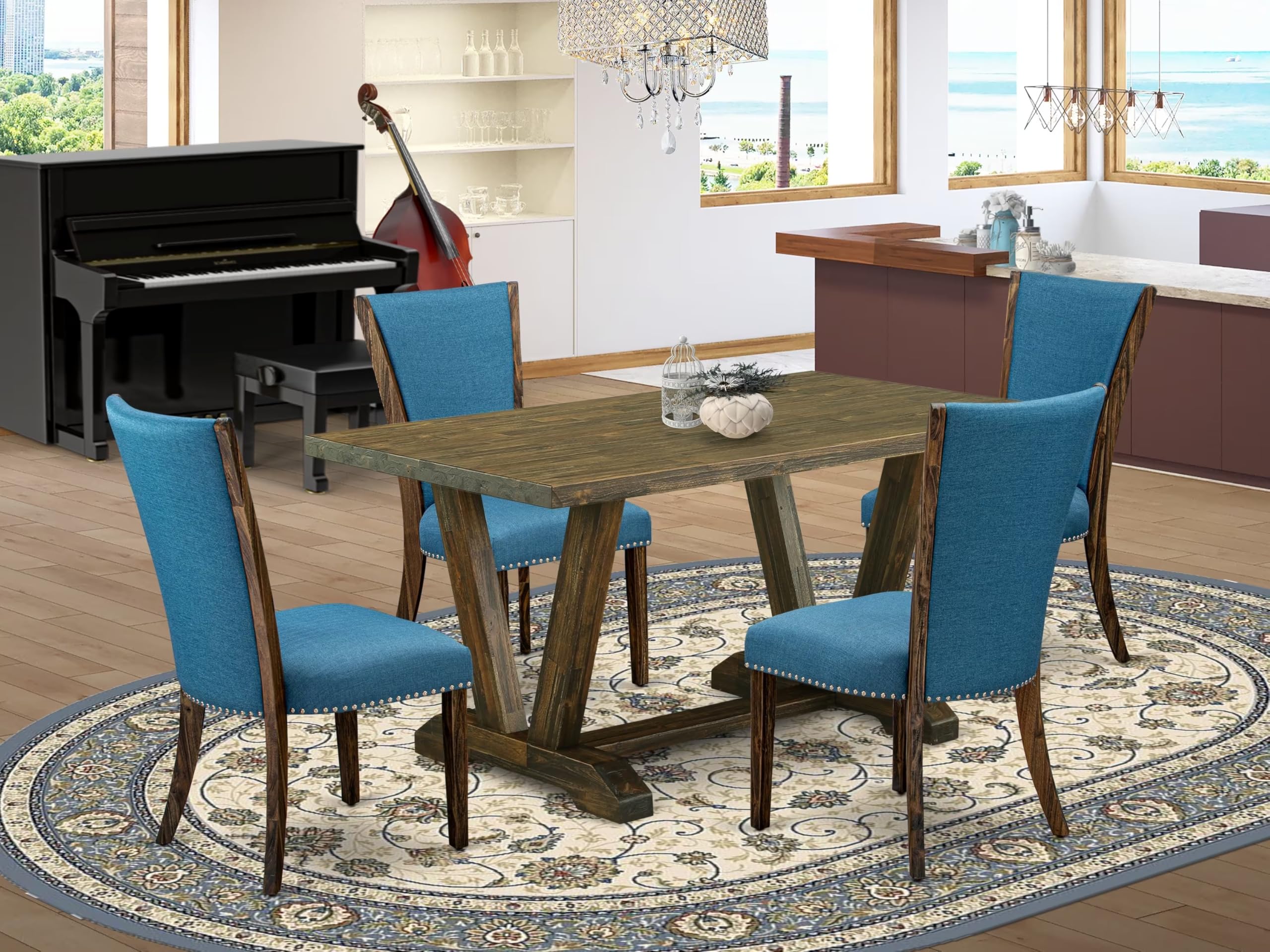 East West Furniture V776VE721-5 5 Piece Modern Dining Table Set Includes a Rectangle Wooden Table with V-Legs and 4 Blue Color Linen Fabric Parsons Dining Chairs, 36x60 Inch, Multi-Color