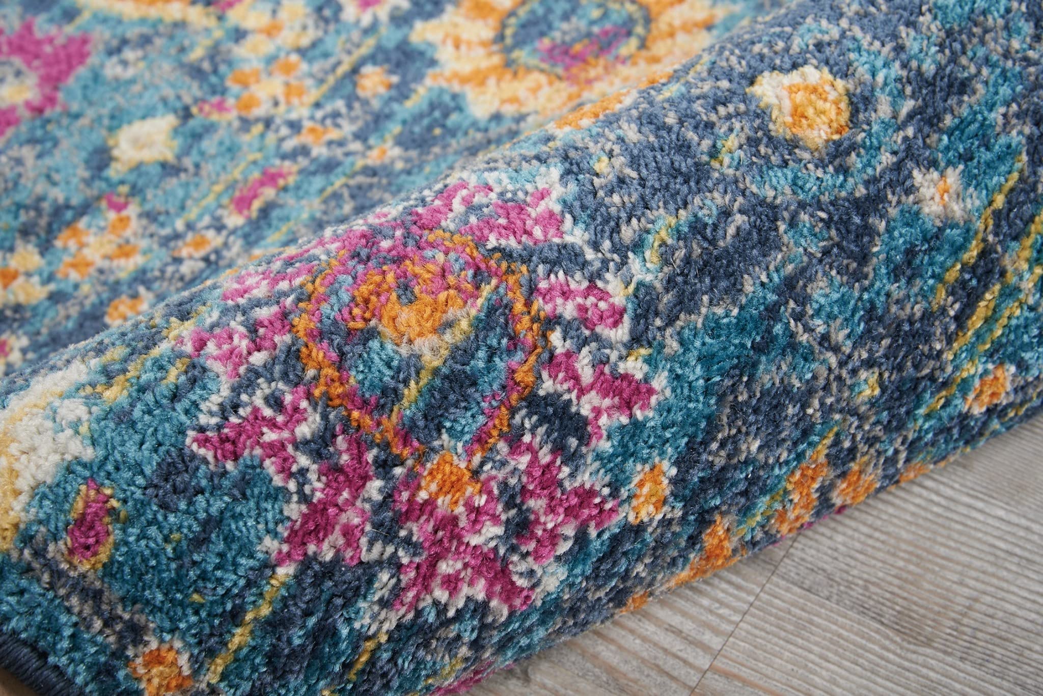 HomeRoots 100% Polypropylene 2' x 6â?? Denim Blue Florals Distressed Runner Rug