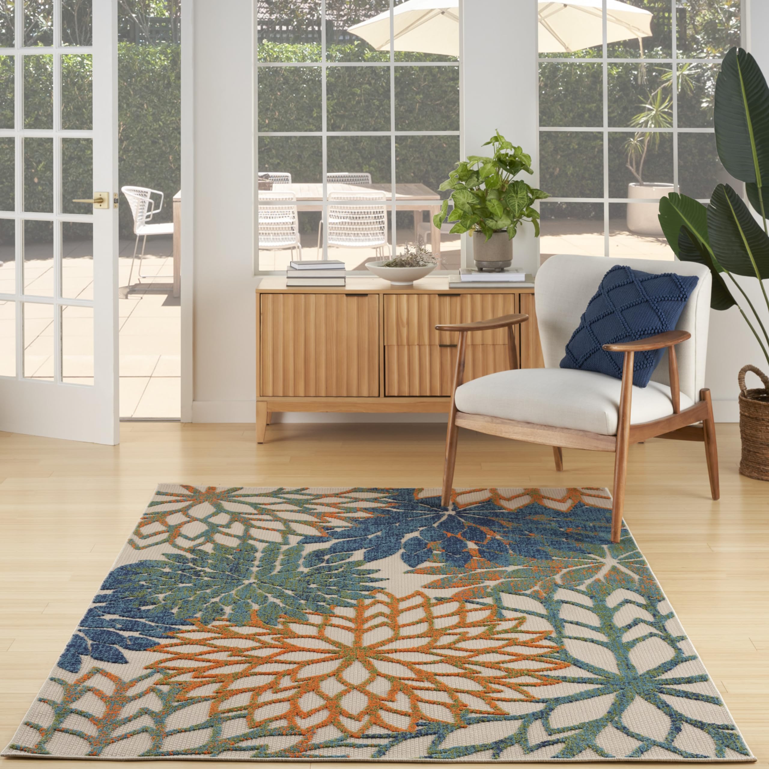 Nourison Aloha Indoor Outdoor Blue Green 6' X 9' Area Rug, Easy Cleaning, Non Shedding, Bed Room, Living Room, Dining Room, Back