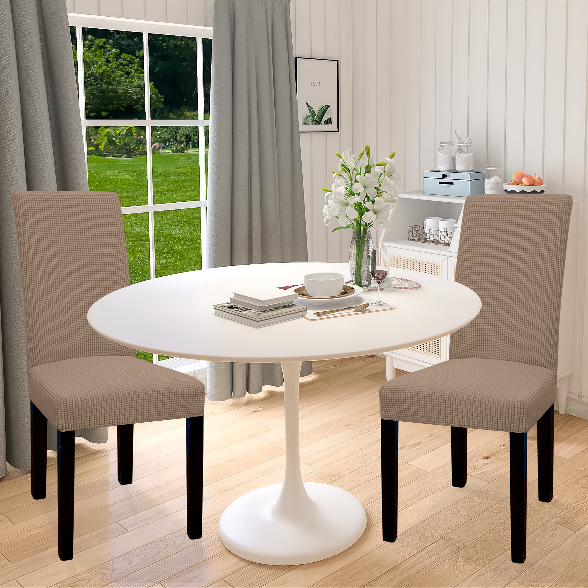 Easy-Going 100% Waterproof Dining Room Chair Cover Set Of 2, Stretch Jacquard Parson Chair Slipcover Removable Washable Chair Protector For Home, Restaurant, Banquet (Large, Camel)