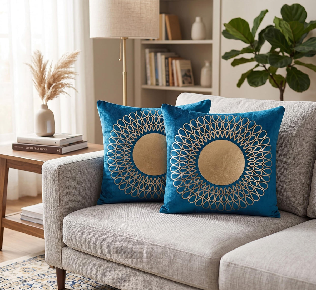 Dekor World 2 Piece Blue Cotton Velvet Golden Print Cushion Cover (Blue, 40X40 Cm Or 16X16 Inches) For Decoration And Home