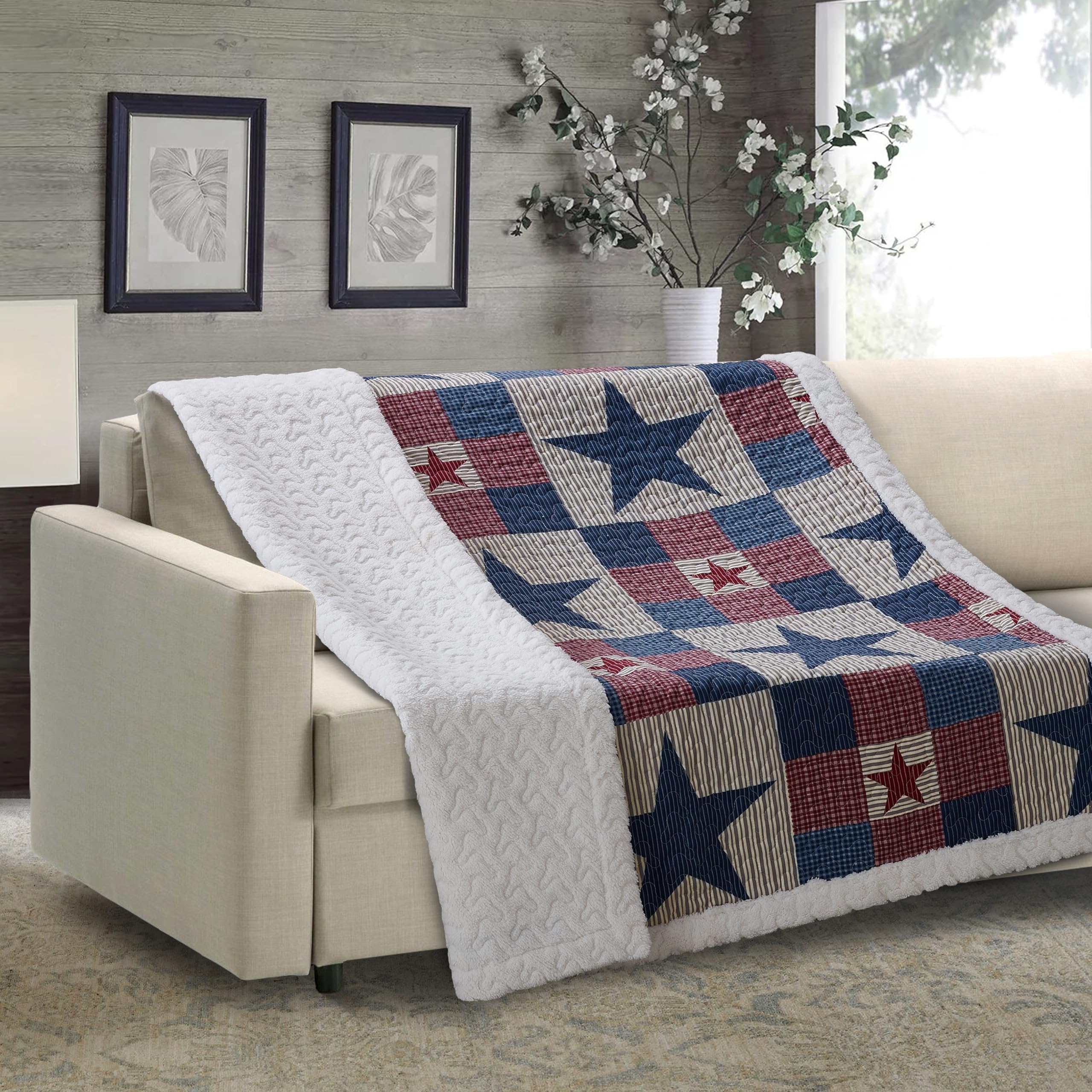 Virah Bella Quilted Sherpa Throw Blanket 50' X 60' Mountain Cabin Gray Lightweight Throw Quilt Great For Loungers & Extra Bedd