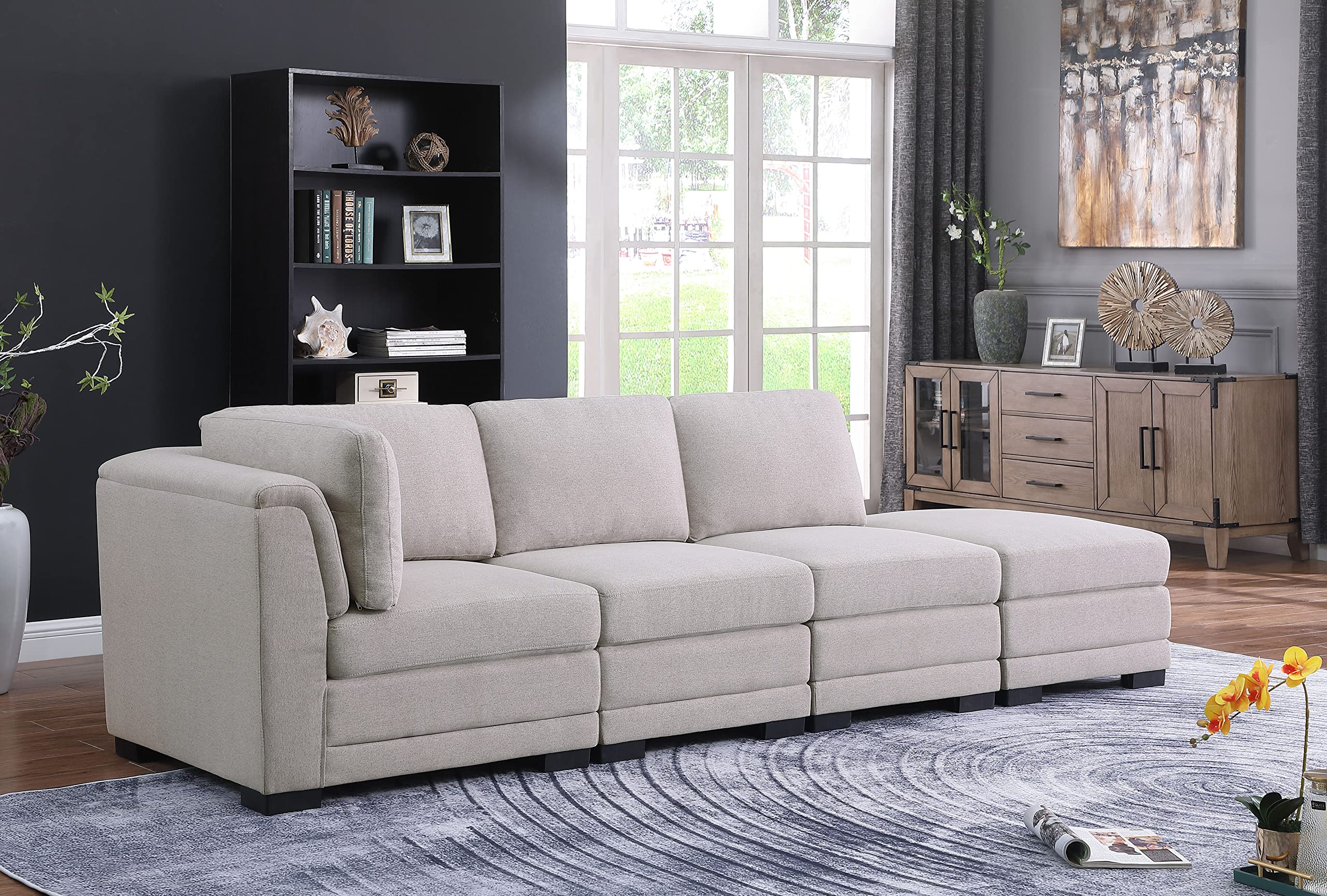 Lilola Home Kristin Light Gray Linen Fabric Reversible Sofa with Ottoman
