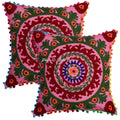 Stylo Culture Decorative Cotton Cushion Covers 16X16 Inch Suzani Embroidered Pom Pom Lace Pink & Green Living Room Decor Floral