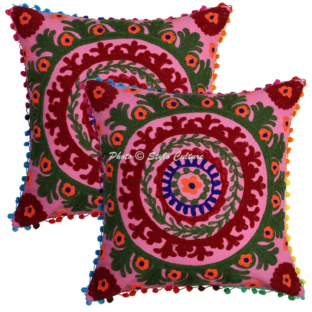 Stylo Culture Decorative Cotton Cushion Covers 16X16 Inch Suzani Embroidered Pom Pom Lace Pink & Green Living Room Decor Floral