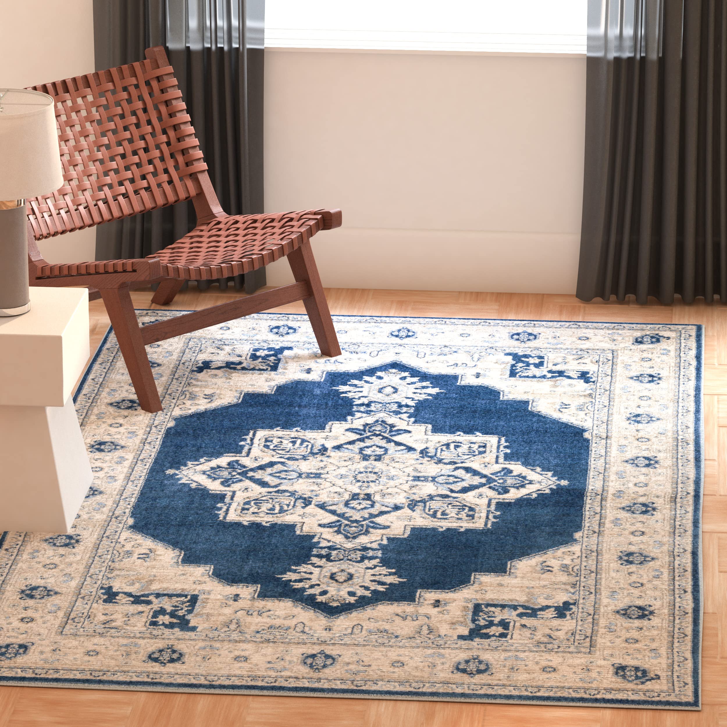 SAFAVIEH Brentwood Collection 5 Square Navy / Cream BNT865N Medallion Distressed Non-Shedding Living Room Bedroom Area Rug