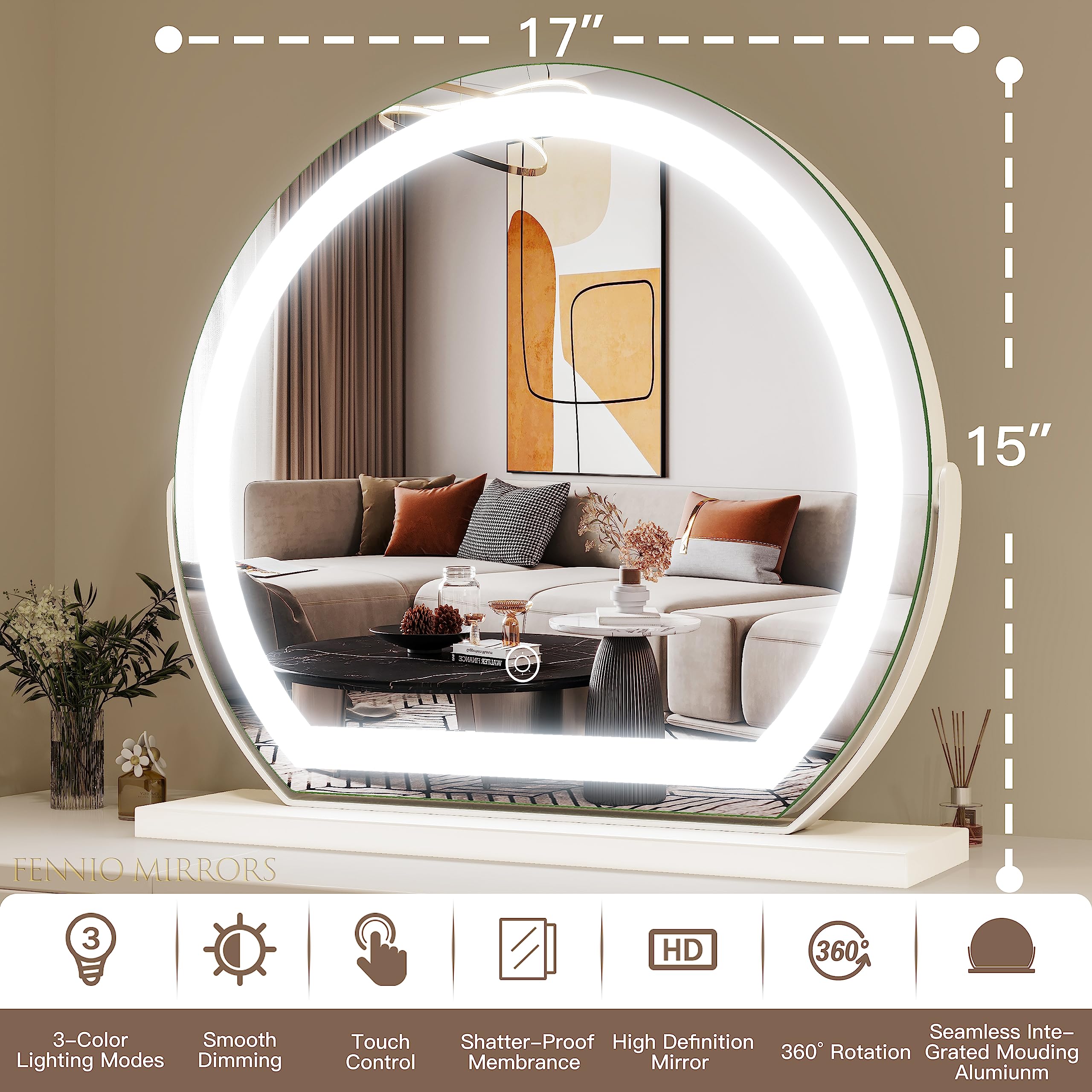 Fennio Vanity Mirror With Lights, 17'X15' Led Lighted Makeup Mirror, Large Makeup Mirror With Lights, Touch Sensor With 3-Colo