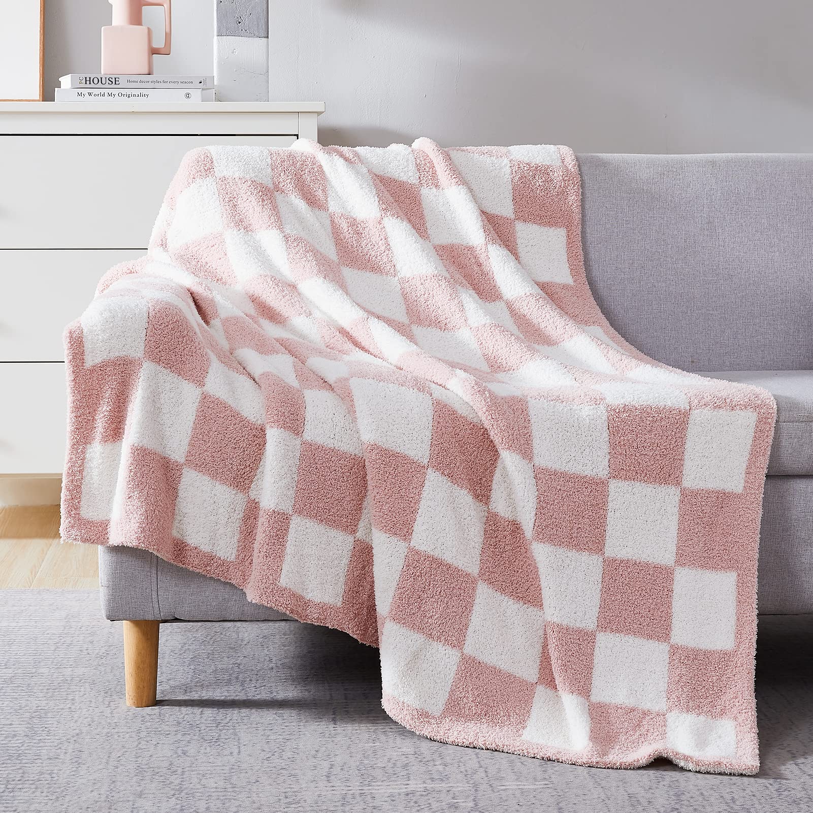 Wrensonge Checkered Throw Blanket, Pink Microfiber Soft Cozy Fluffy Warm Hand Made Weave Throw Blankets For Couch, Sofa, Chair,