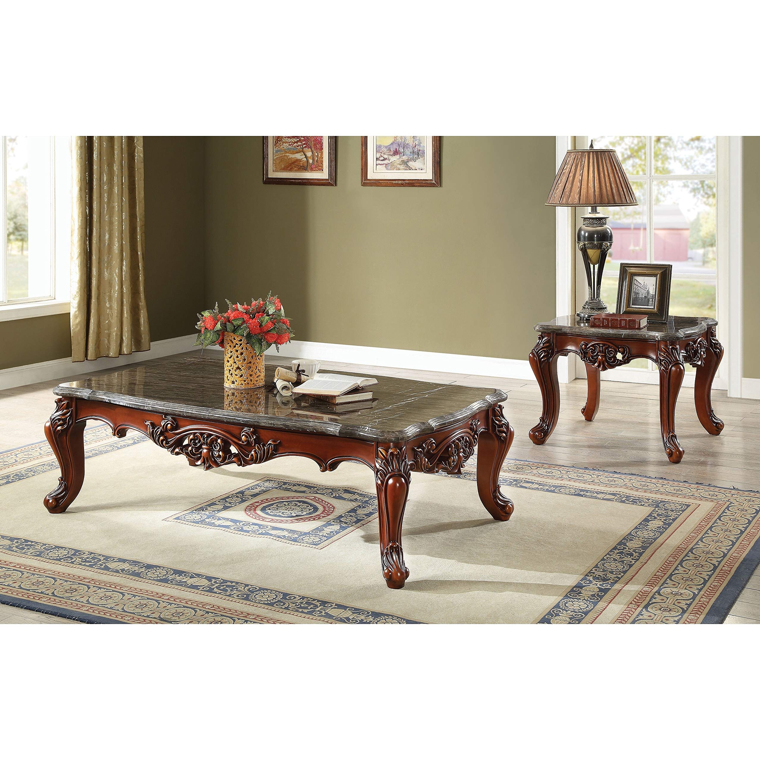 Acme Eustoma Marble Top End Table with Queen Anne Legs in Walnut