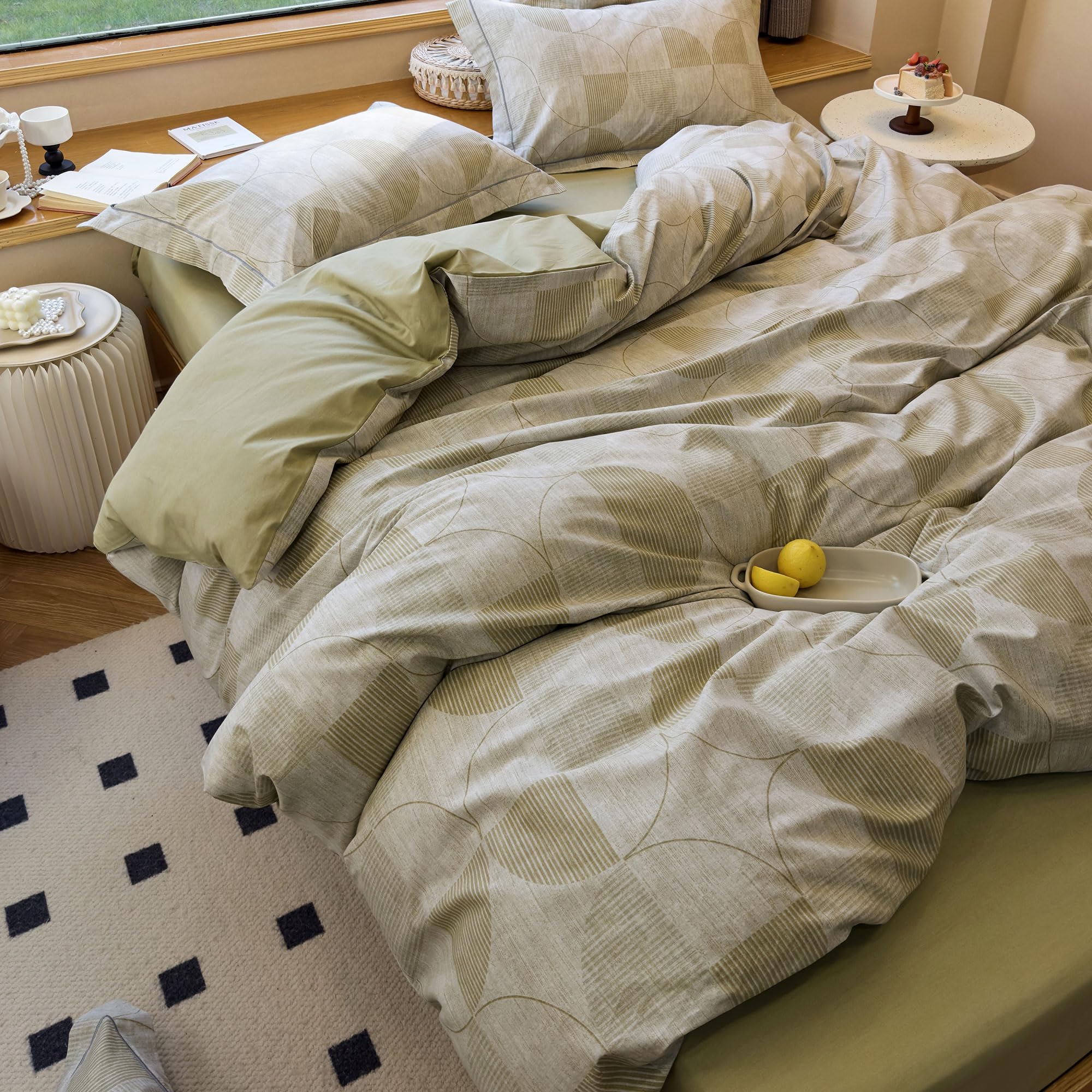 Aojim Green Simple Style Duvet Cover Set For Kids And Adults, Comfy Pure Cotton Comforter Cover Set 3Pcs, 1 Ab Sided Quilt Cover