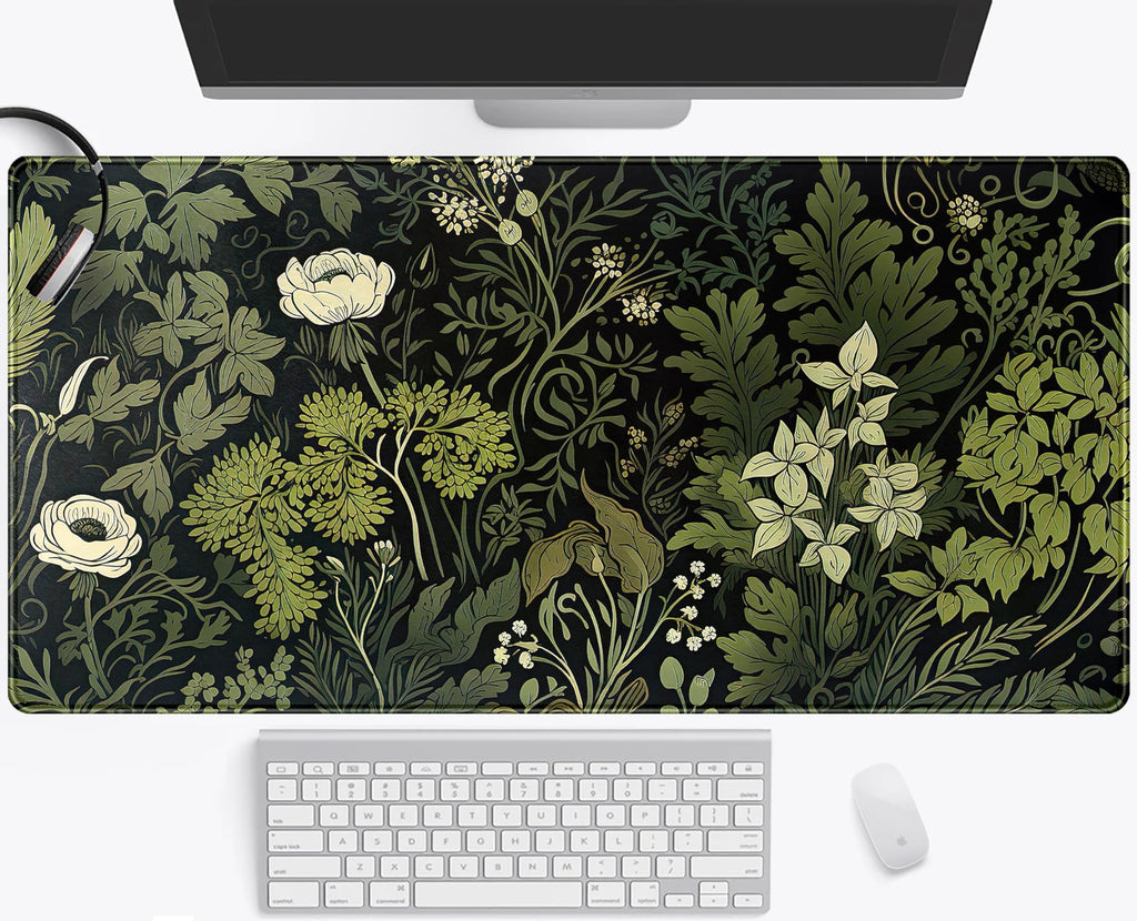 Green Leaves Desk Mat Beige Plants Desk Pad, Large Extend Mouse Pad Xxl, Freshness Foliage Keyboard Mat, Black Esthetics Desktop