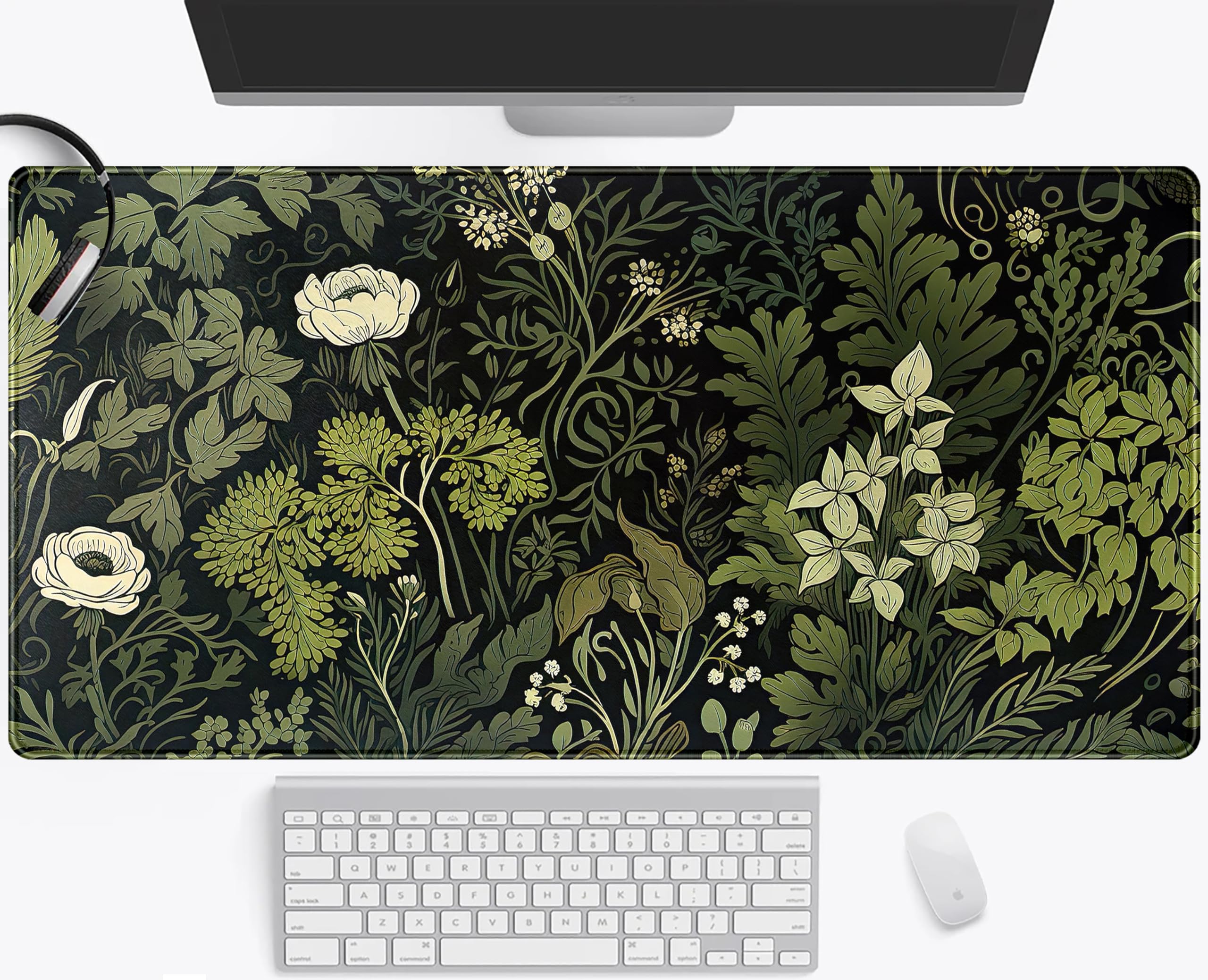 Green Leaves Desk Mat Beige Plants Desk Pad, Large Extend Mouse Pad Xxl, Freshness Foliage Keyboard Mat, Black Esthetics Desktop