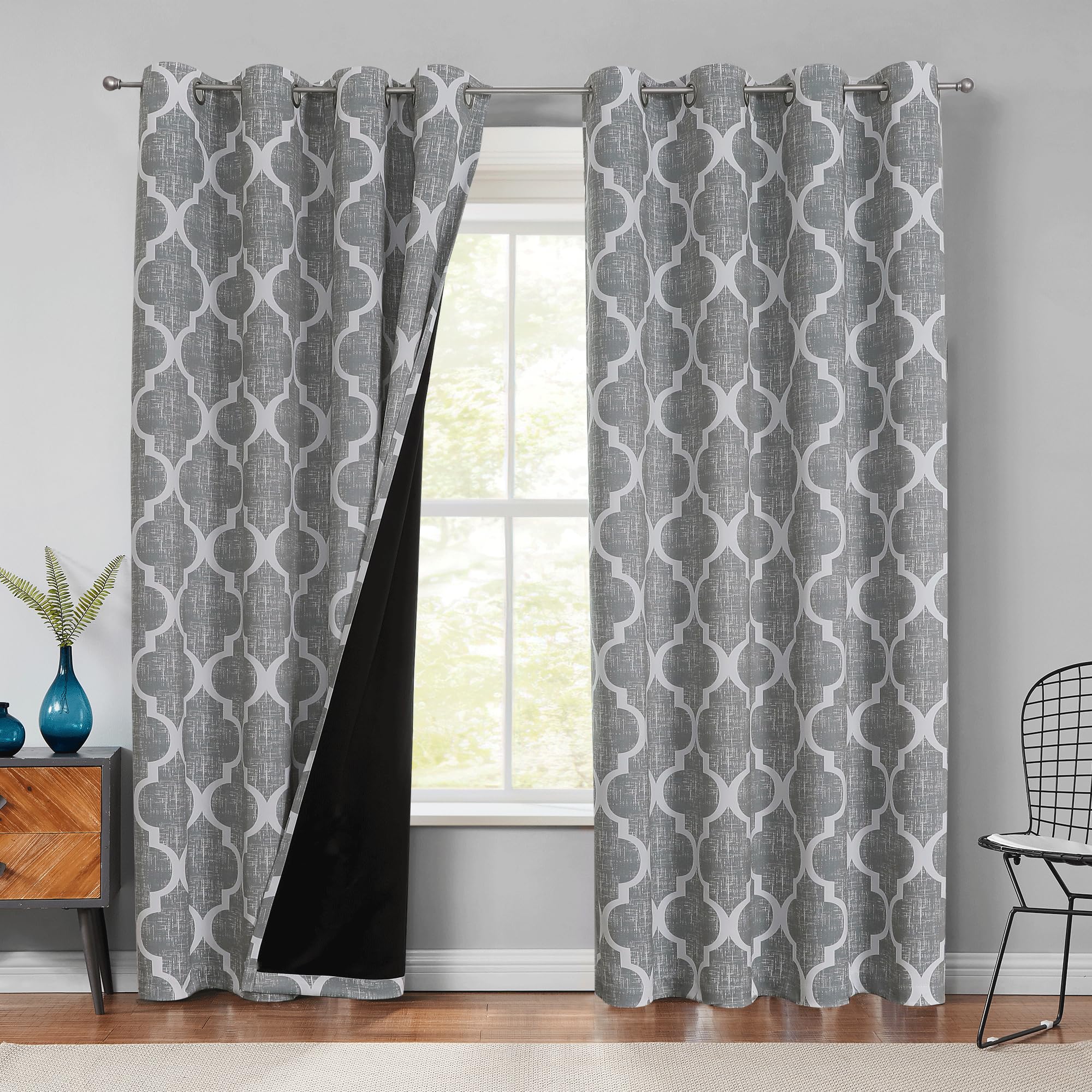 Beauoop 100% Blackout Curtains 84 Inches Long 2 Panels For Bedroom Living Room Grey Moroccan Geo Room Darkening Thermal Insulate