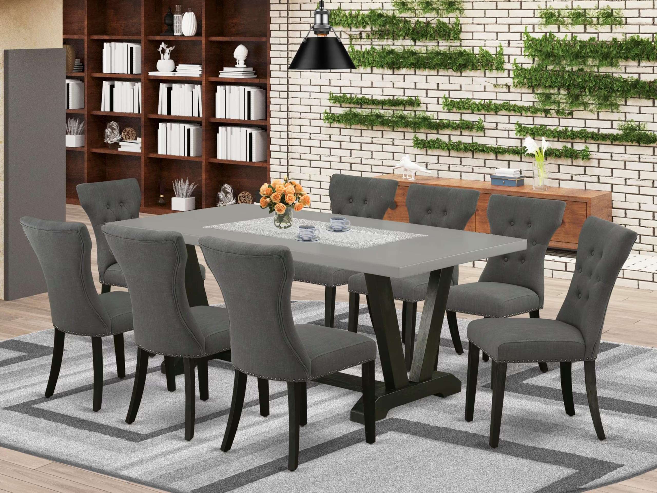 East West Furniture V697Ga650-9 9 Piece Modern Dining Table Set Includes A Rectangle Wooden Table With V-Legs And 8 Dark Gotham Linen Fabric Upholstered Chairs, 40X72 Inch, Multi-Color