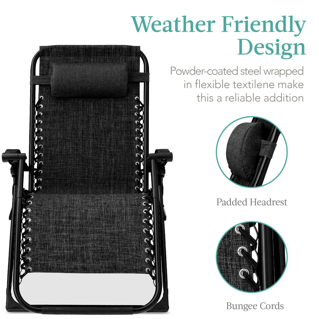 Best Choice Products Oversized Zero Gravity Chair, Folding Outdoor Patio Recliner, Xl Anti Gravity Lounger W/Removable Cushion, Cup Holder, Side Tray, 350Lb Capacity - Onyx Black
