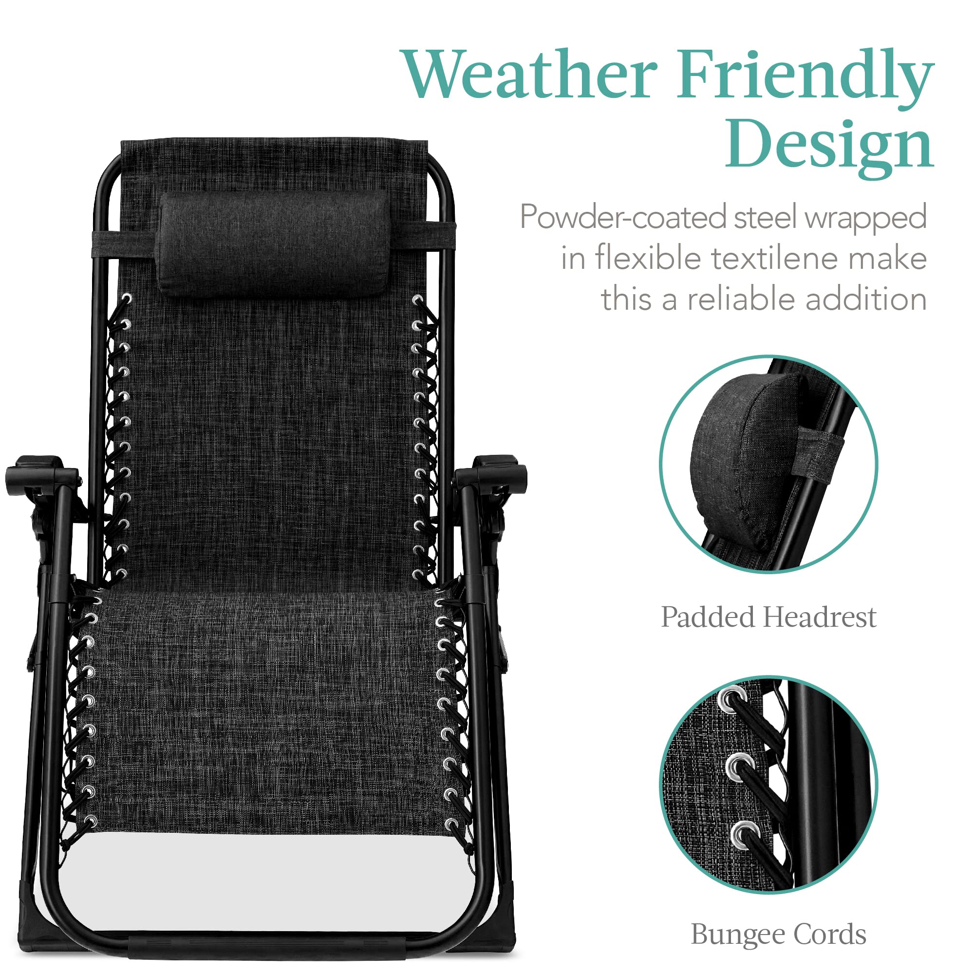 Best Choice Products Oversized Zero Gravity Chair, Folding Outdoor Patio Recliner, Xl Anti Gravity Lounger W/Removable Cushion, Cup Holder, Side Tray, 350Lb Capacity - Onyx Black