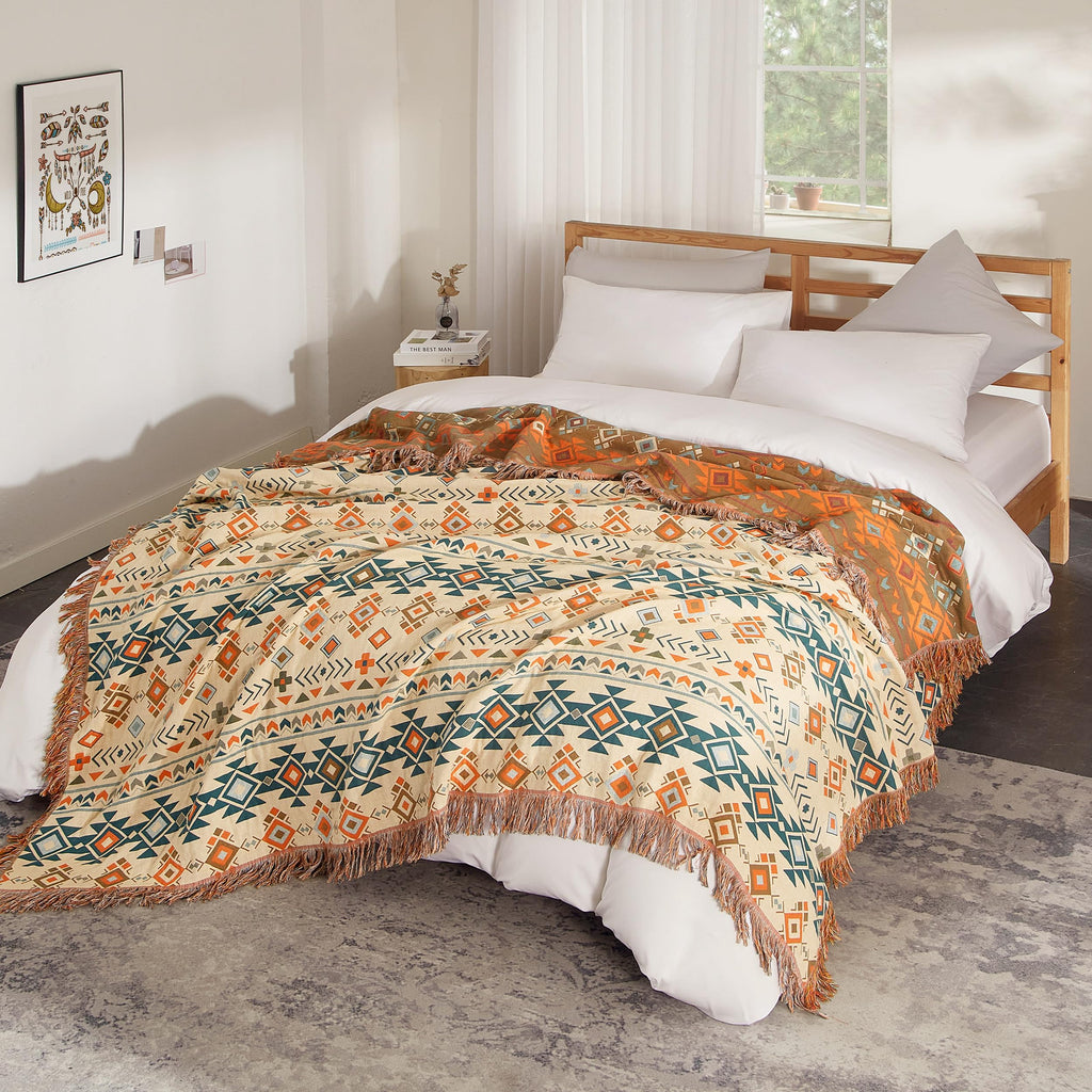 Boho Throw Blanket For Bed 80   X90   , 100% Cotton Woven Blanket For Couch Sofa, Ultra Soft 4-Layer Muslin Quilt With Diamond P
