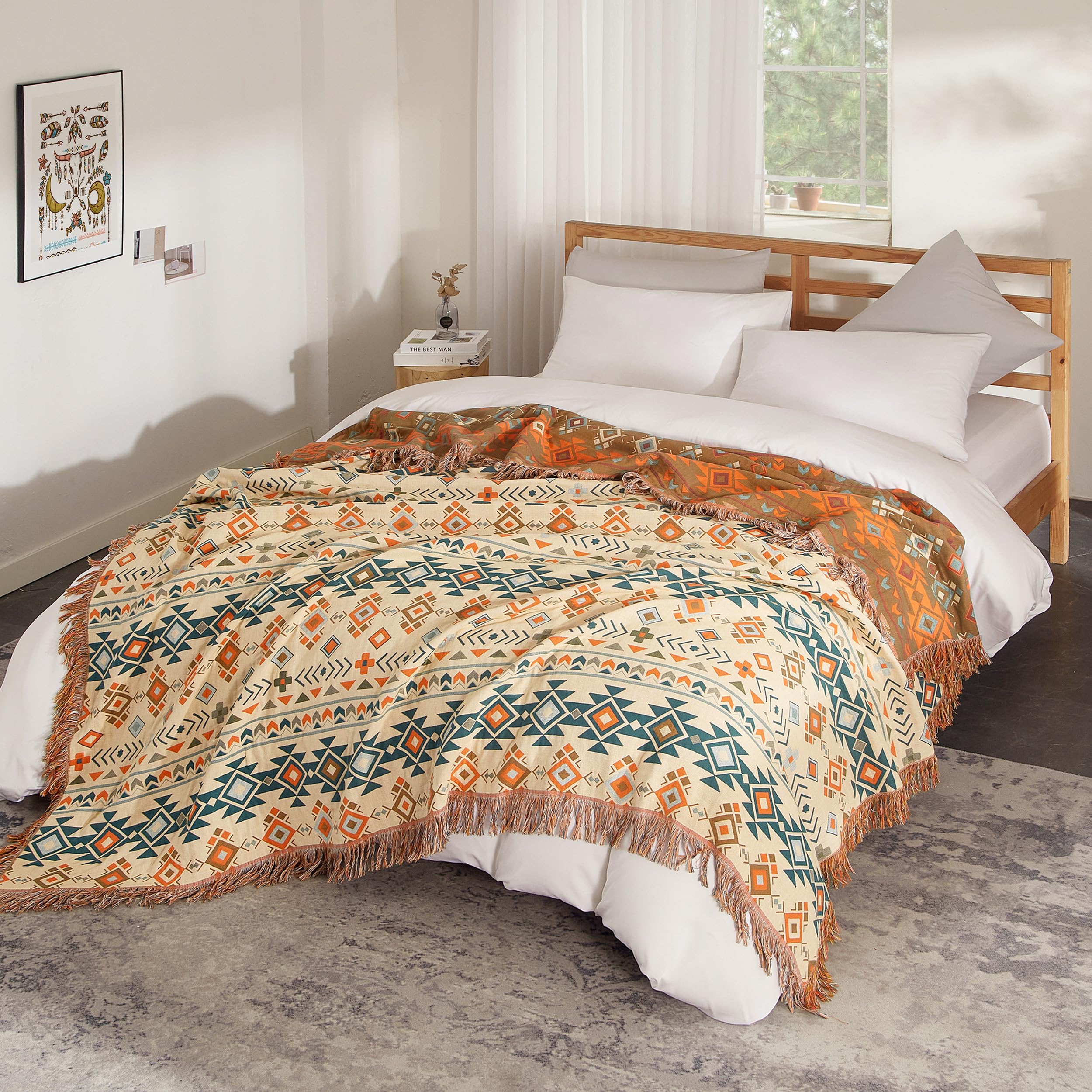 Boho Throw Blanket For Bed 80   X90   , 100% Cotton Woven Blanket For Couch Sofa, Ultra Soft 4-Layer Muslin Quilt With Diamond P