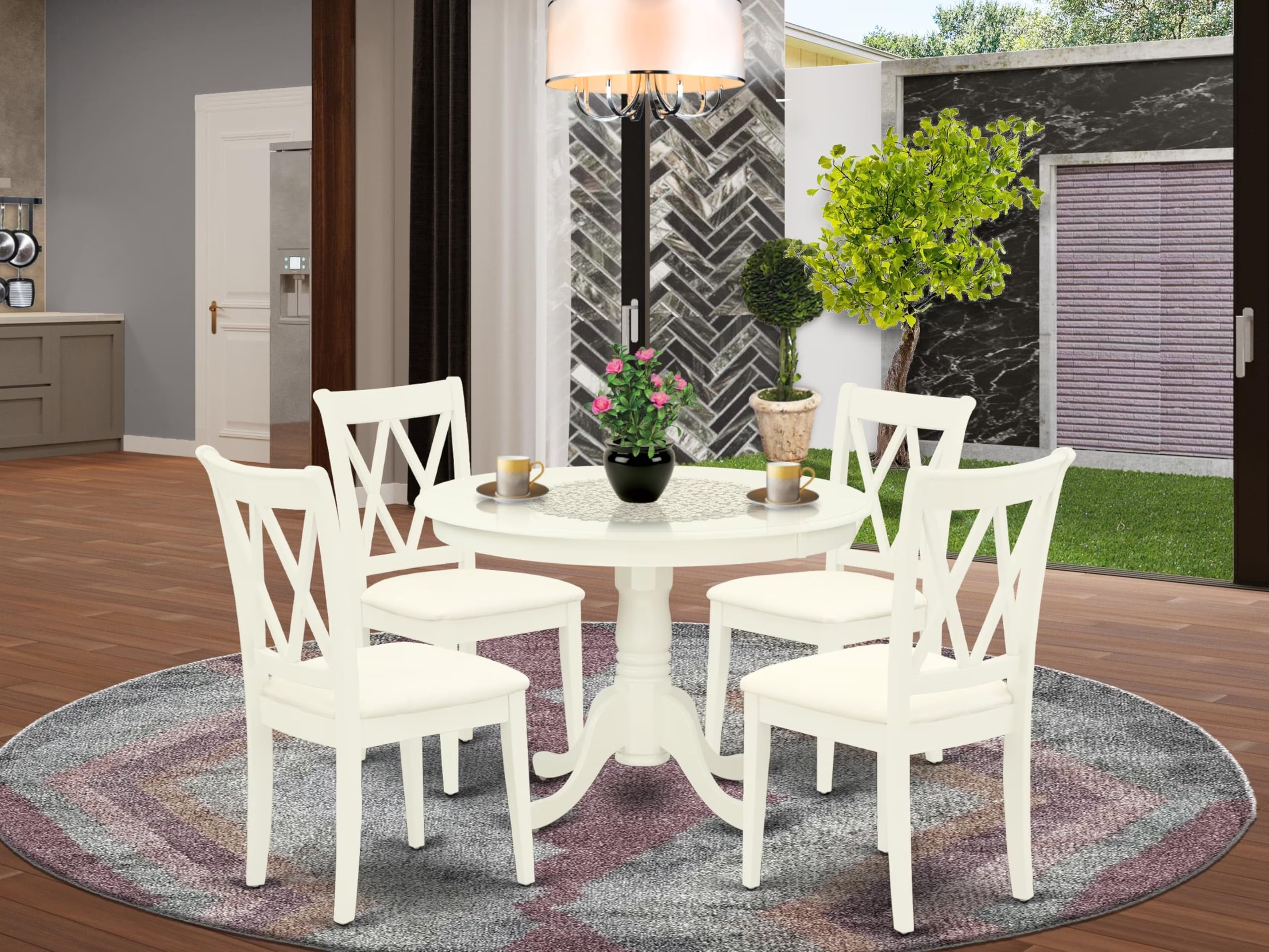 East West Furniture Hlcl5-Lwh-C 5 Piece Dining Room Table Set Includes A Round Dining Table With Pedestal And 4 Linen Fabric Upholstered Chairs, 42X42 Inch, Linen White