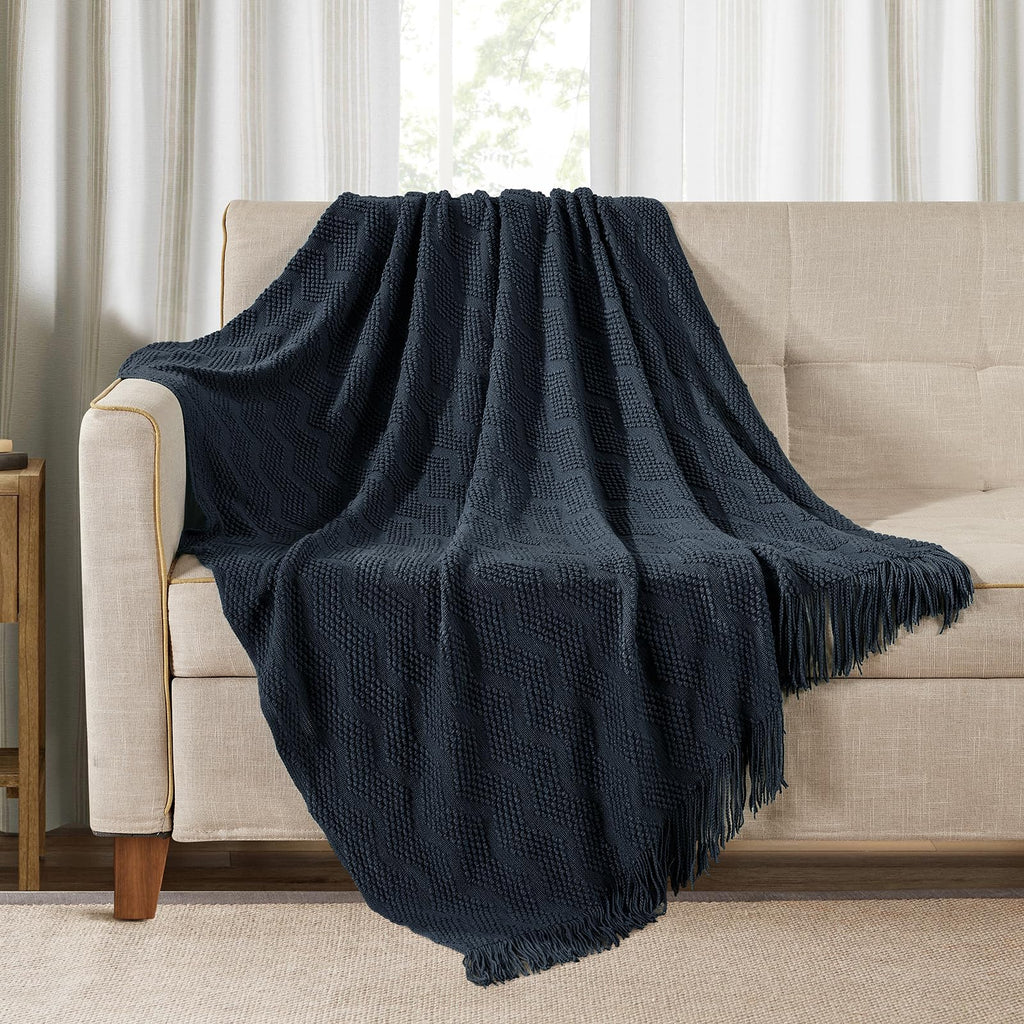 Bourina Throw Blanket Textured Solid Soft Throws And Blankets For Sofa Or Bed Knitted Decorative Blanket Ripple 50X60 Inches Nav